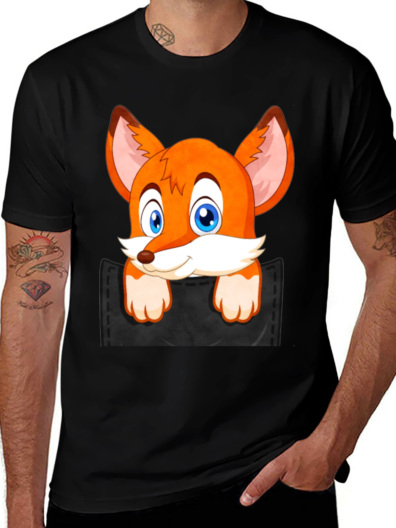 Variant 28 of Fox in Pocket Black T-Shirt Cartoon Animal Tee