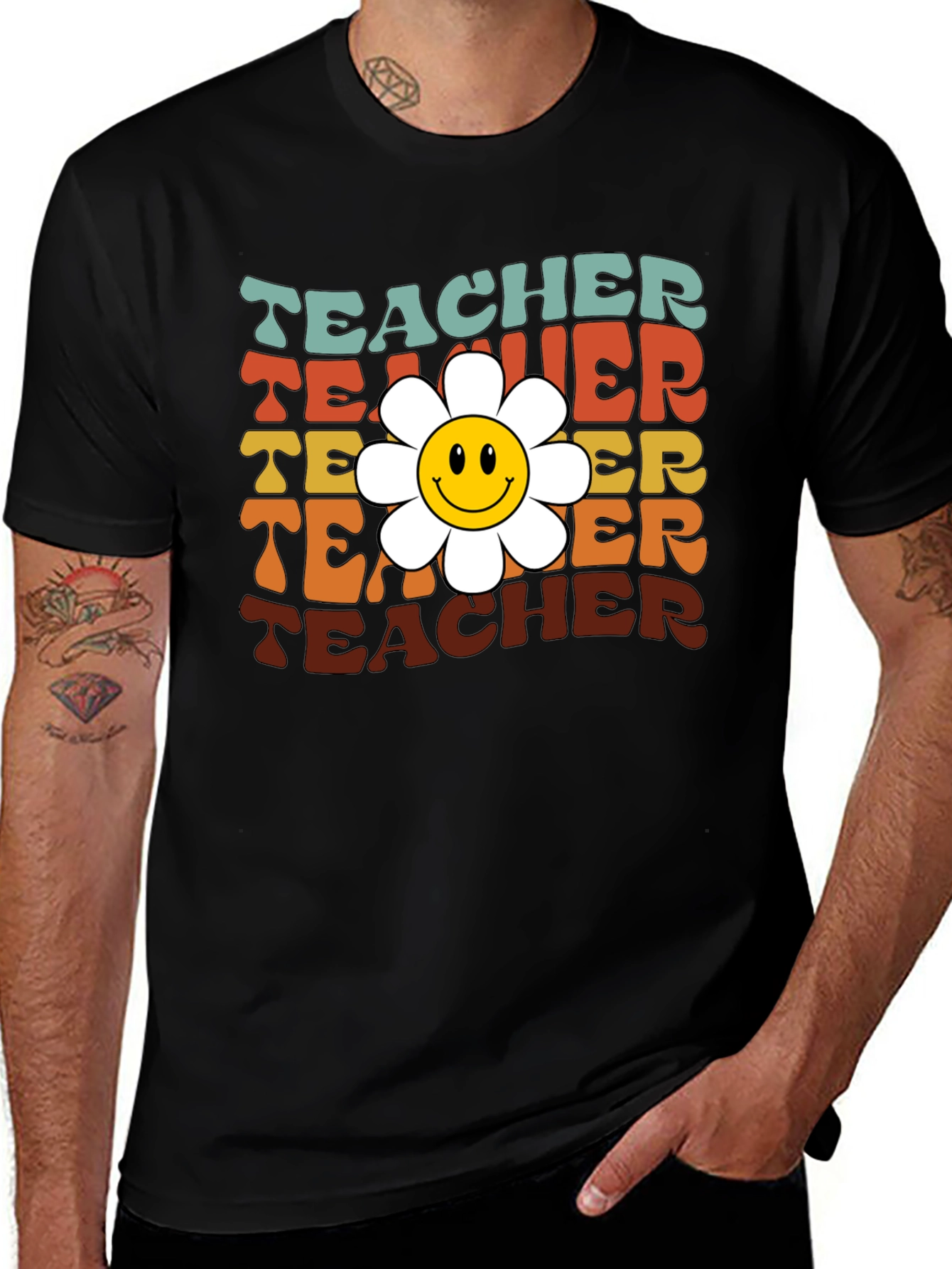 Black Retro Teacher Smiley Flower T-Shirt main image