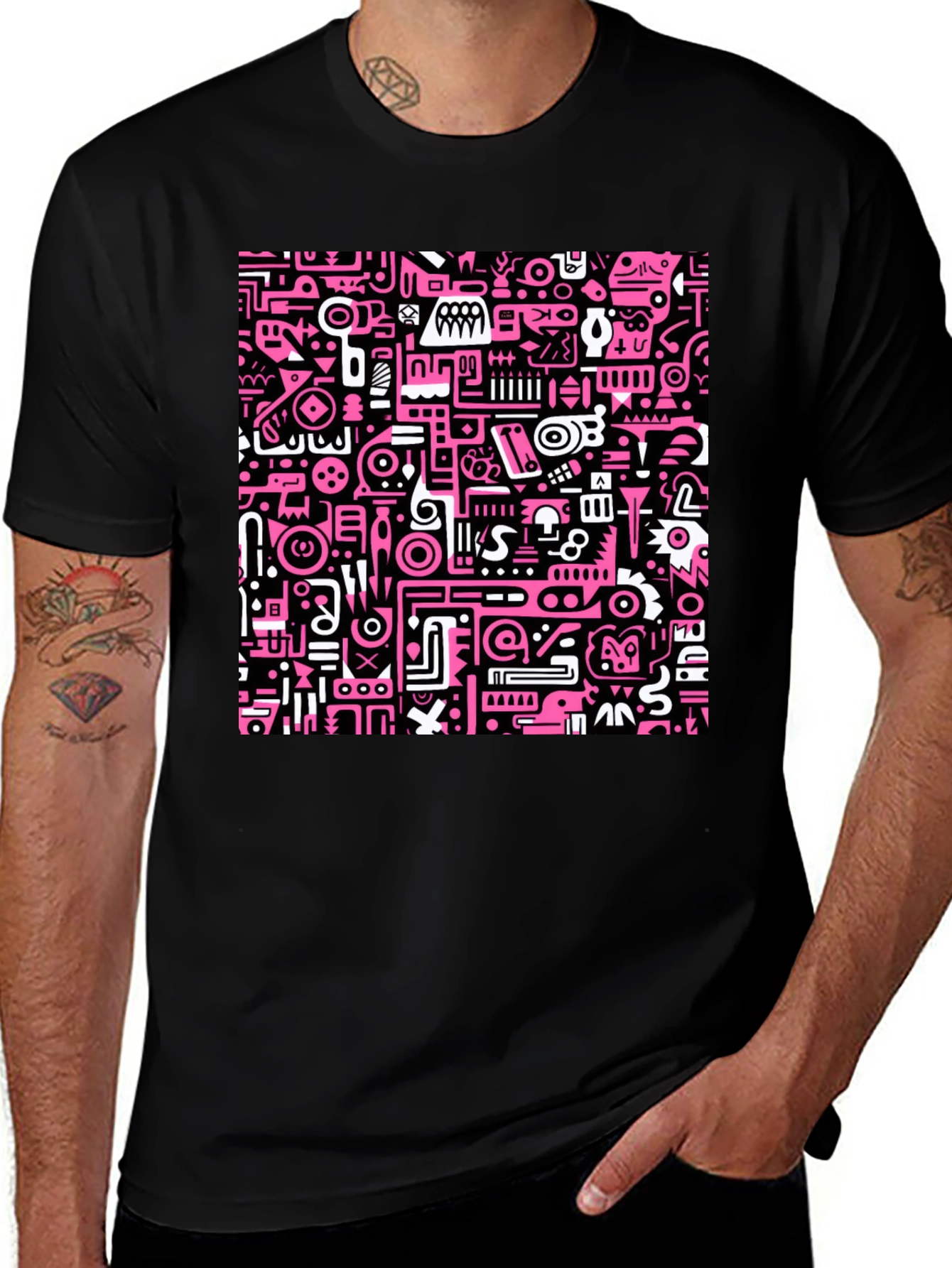 Variant 15 of Abstract Pink & Black Graphic Print Crew Neck T-Shirt