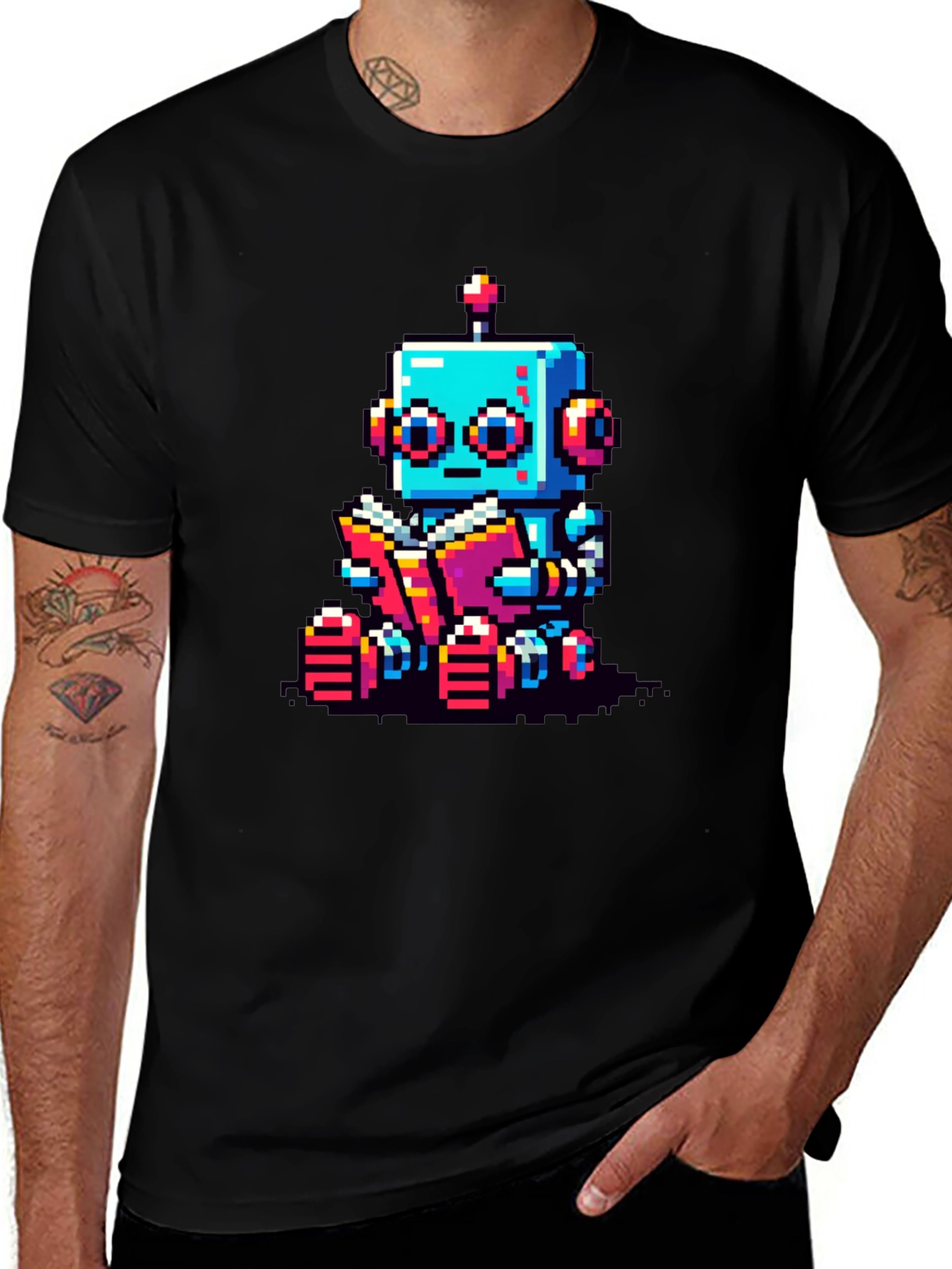 Pixel Robot Reading T-Shirt
