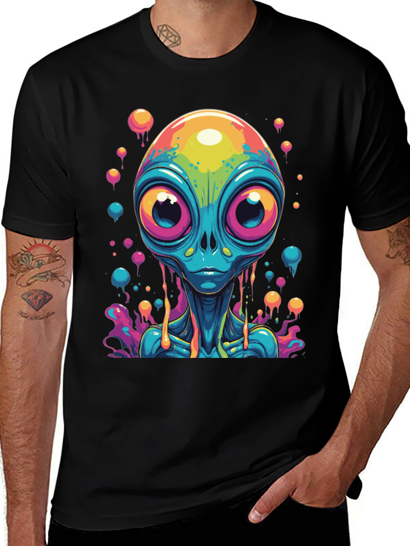 Variant 6 of Psychedelic Alien Graphic Tee - Black Cotton T-Shirt