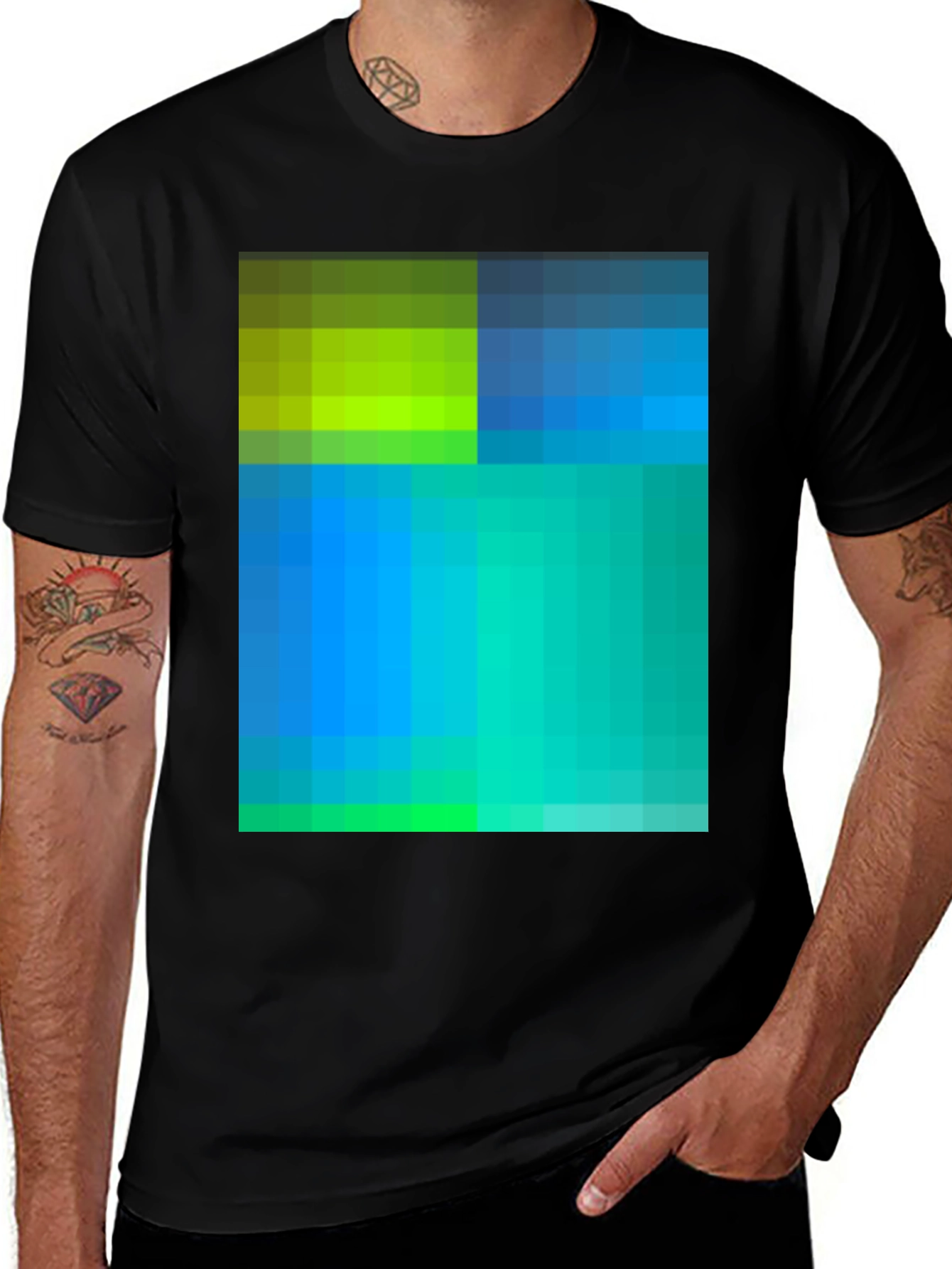 Variant 24 of Pixel Art T-Shirt: Abstract Geometric Design in Blue & Green