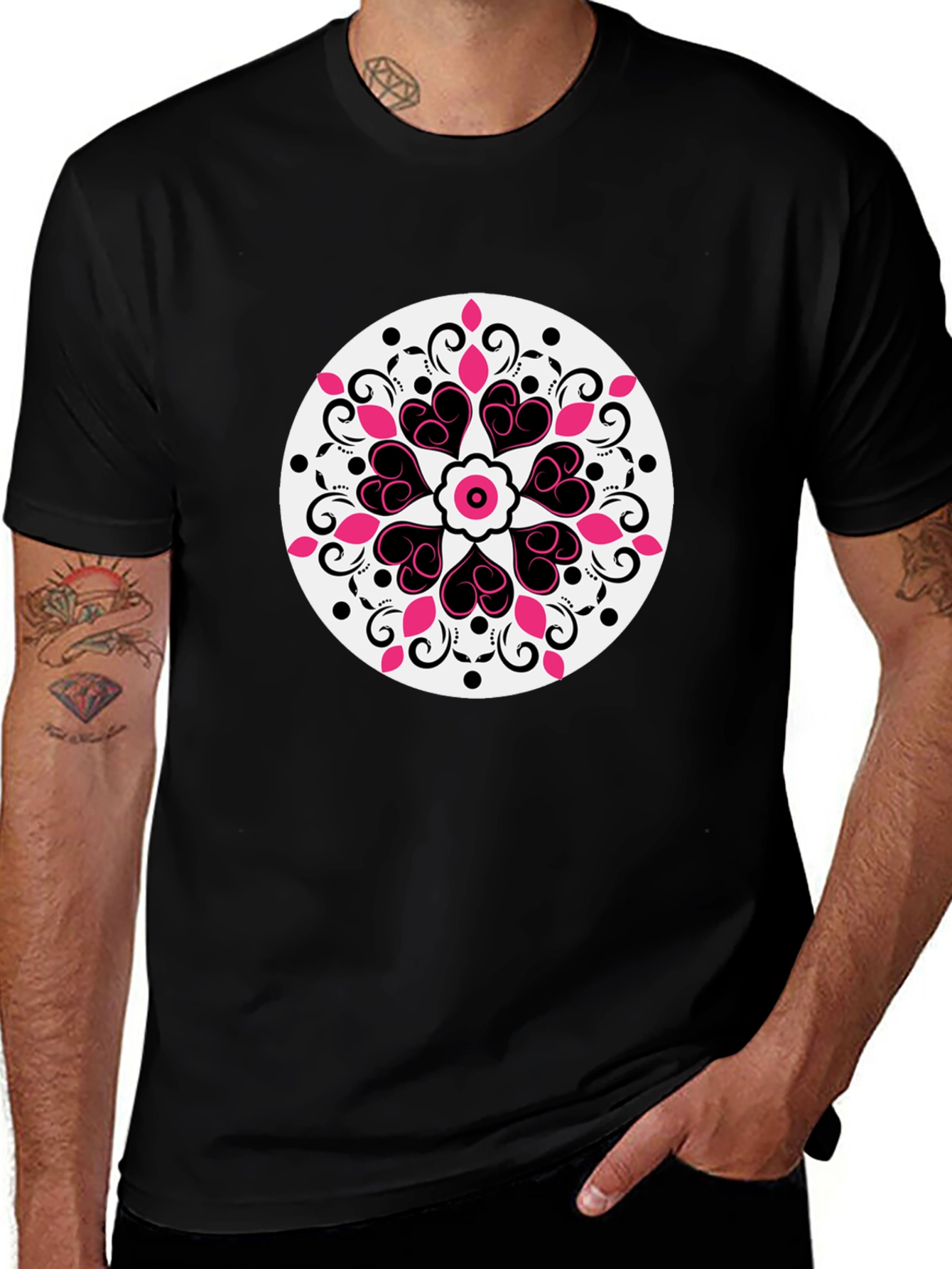 Variant 13 of Heart Mandala Graphic Tee - Black Casual Style