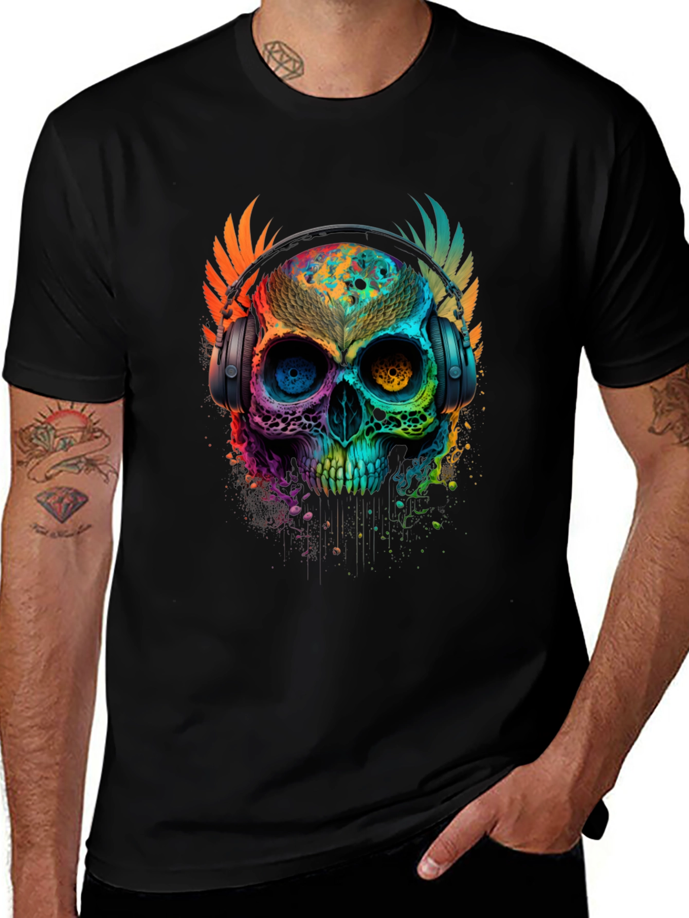 Variant 7 of Colorful Skull Headphones Graphic Tee - Black