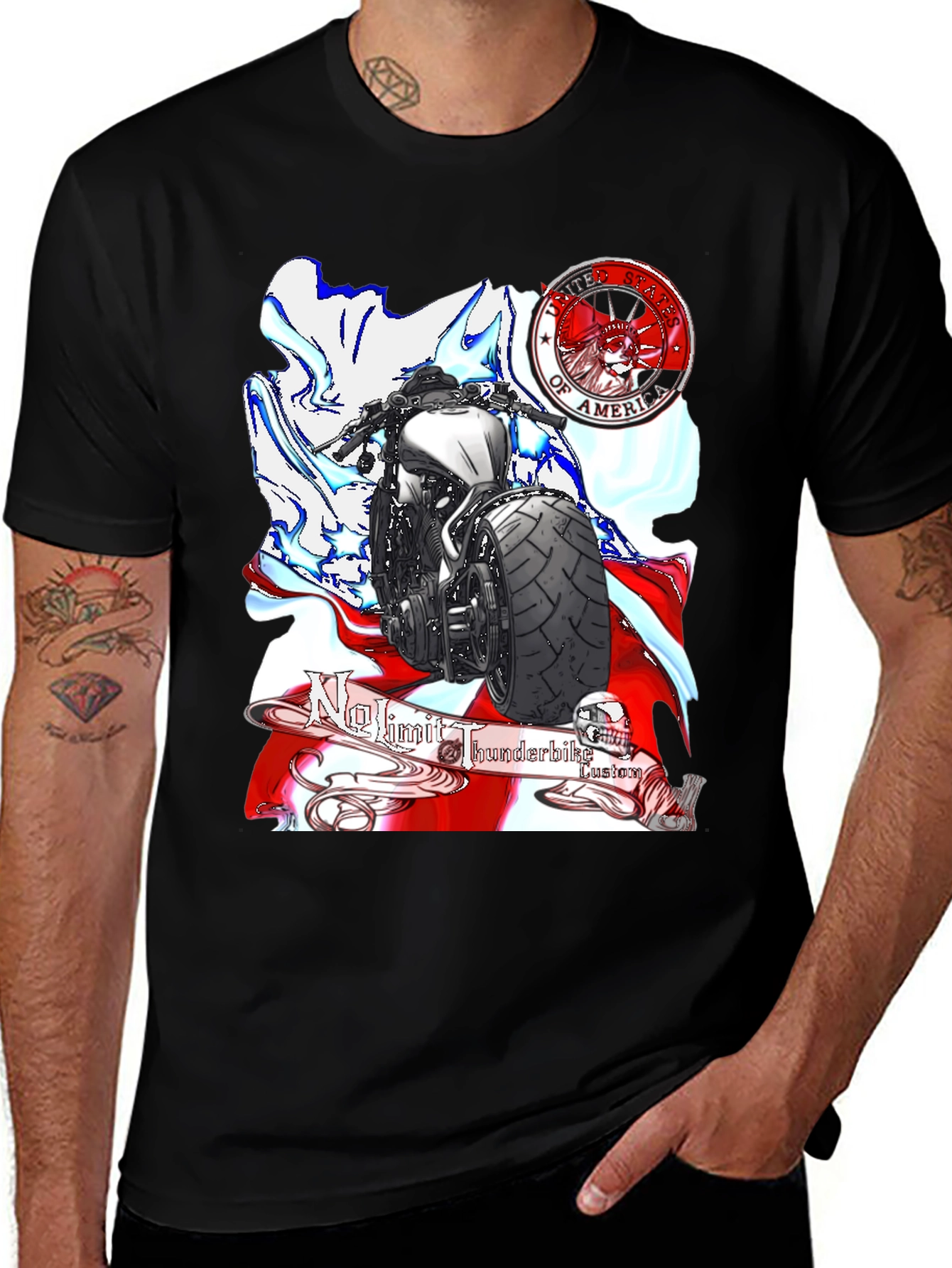 Black Motorcycle Graphic T-Shirt - Patriotic Design main image