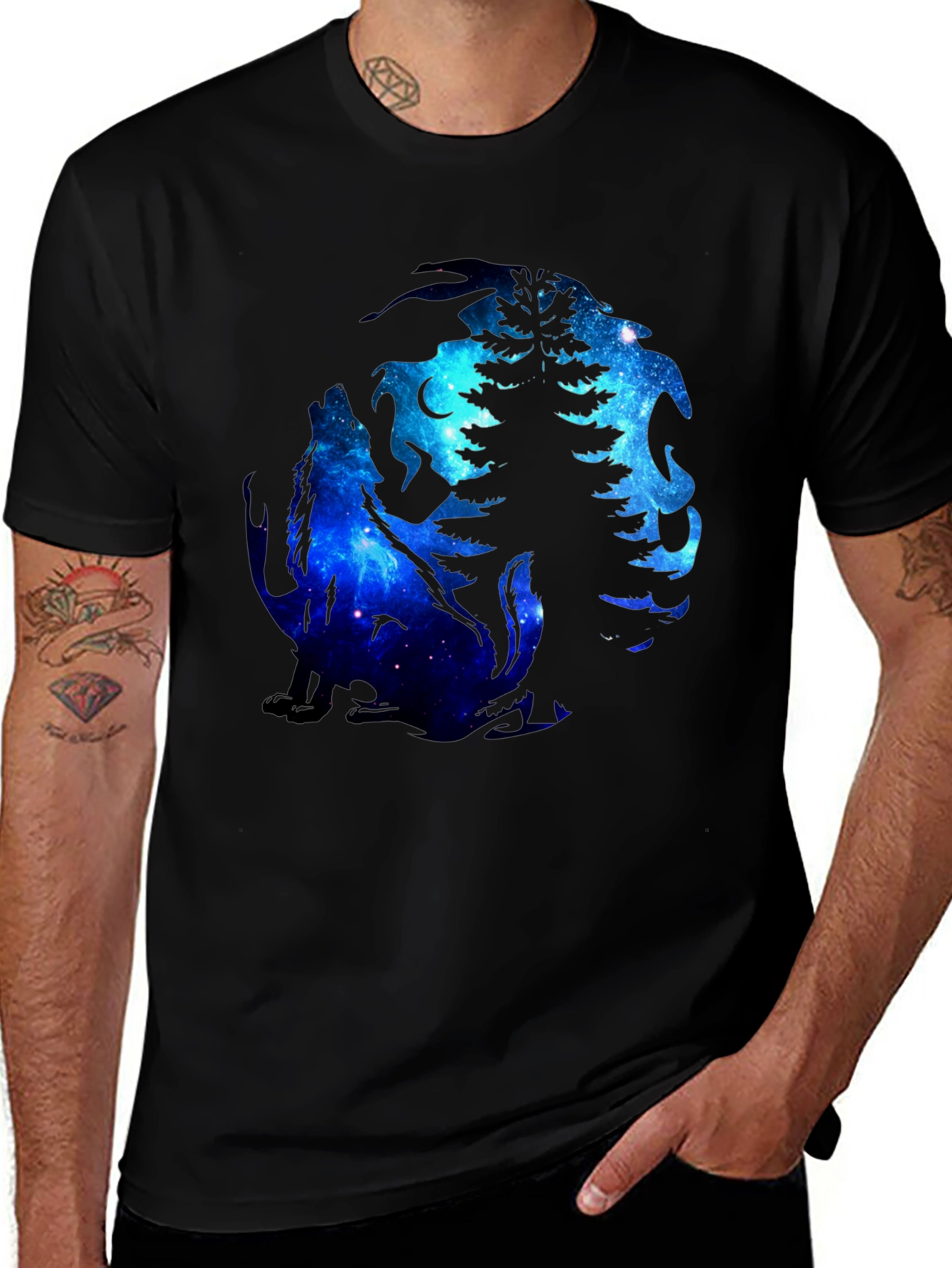 Variant 14 of Wolf & Tree Galaxy Graphic Black T-Shirt