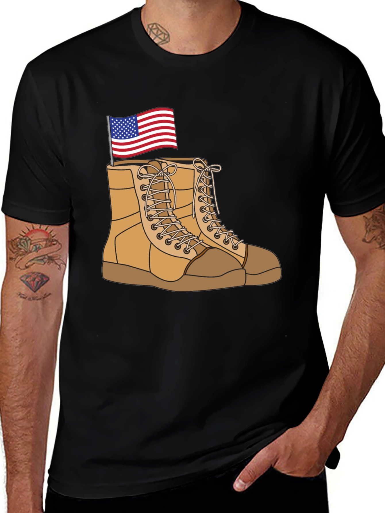 Black Graphic Tee with Boots and Flag Design main image