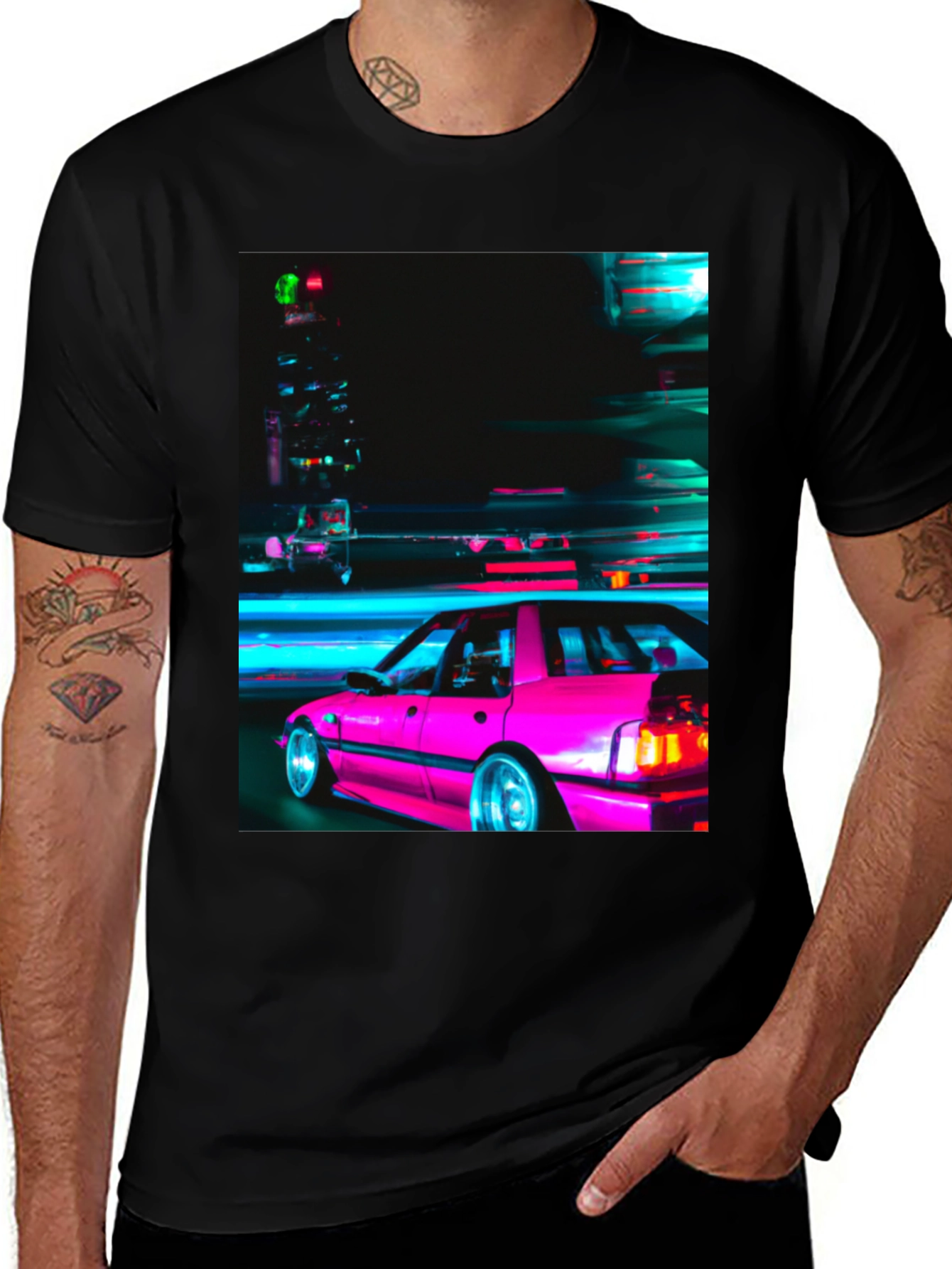Variant 12 of Retro Pink Car T-Shirt - Black Graphic Tee