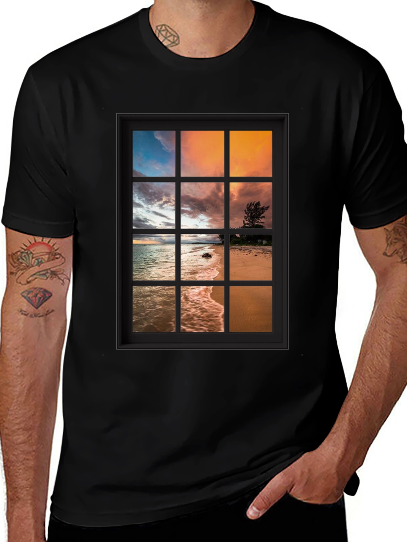 Variant 3 of Sunset View T-Shirt - Beach Scene Window Graphic Tee
