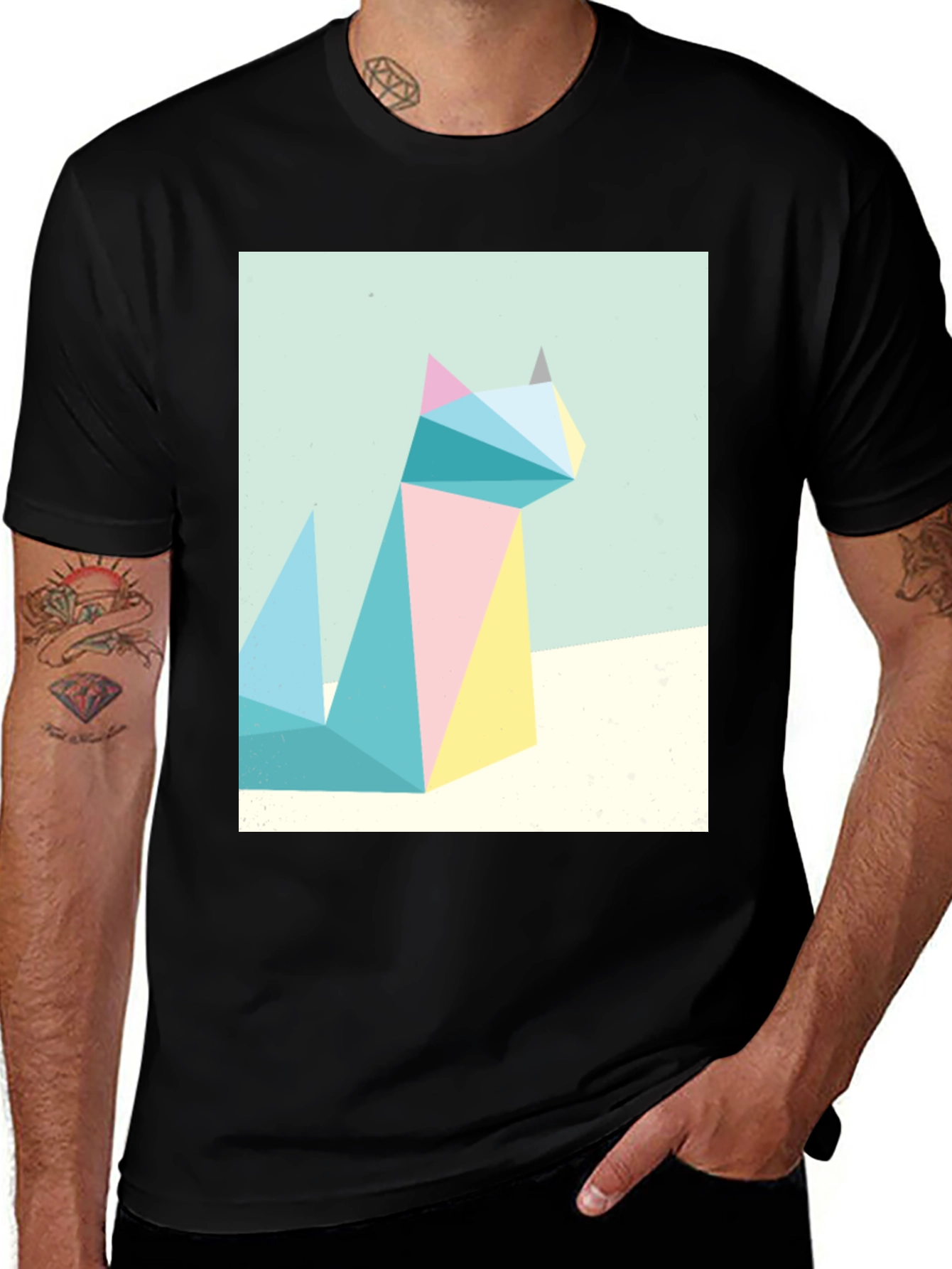 Black Geometric Cat Print Tee - Modern Art Shirt main image
