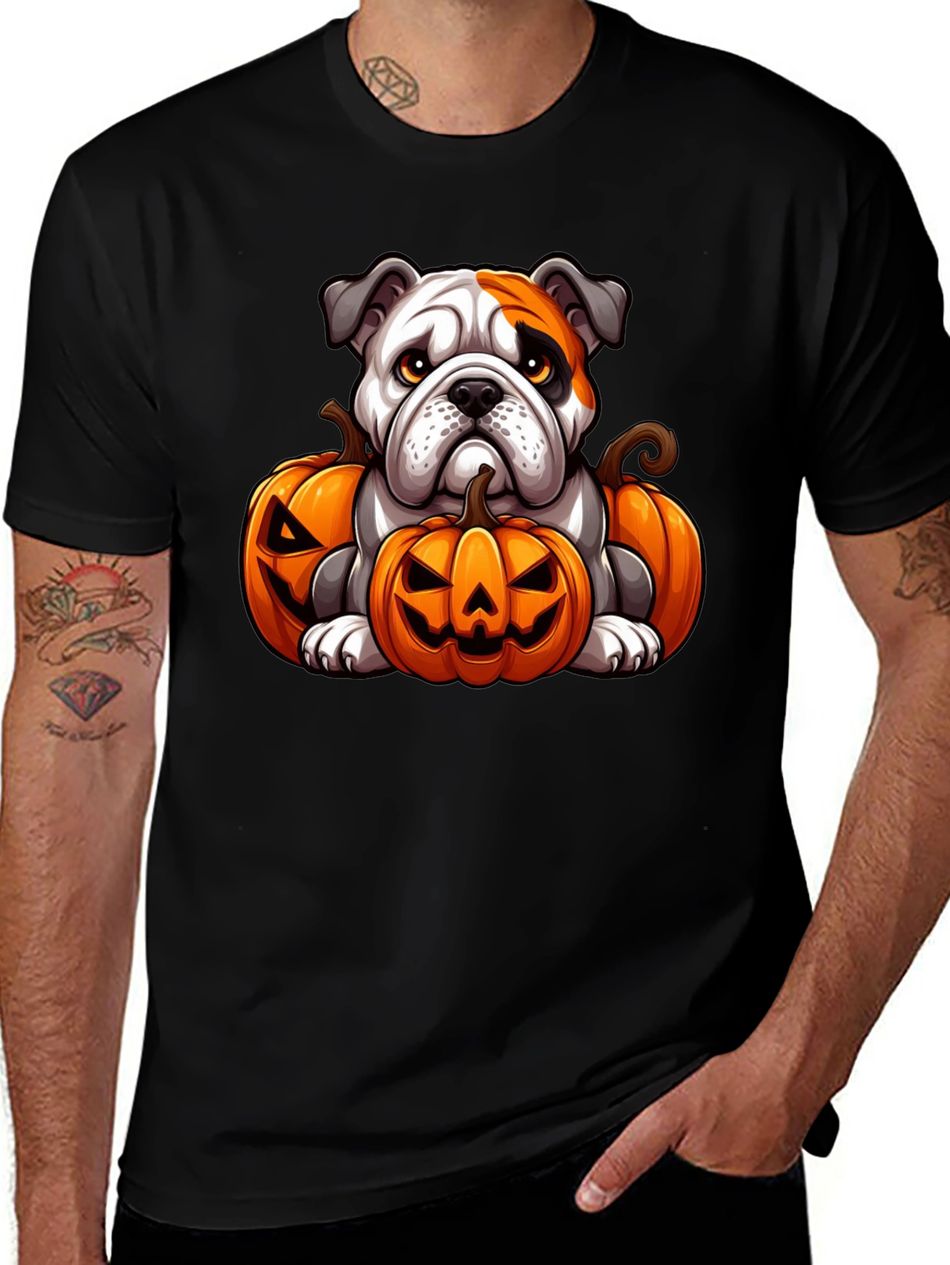 Bulldog Halloween T-Shirt - Cute Dog with Pumpkins