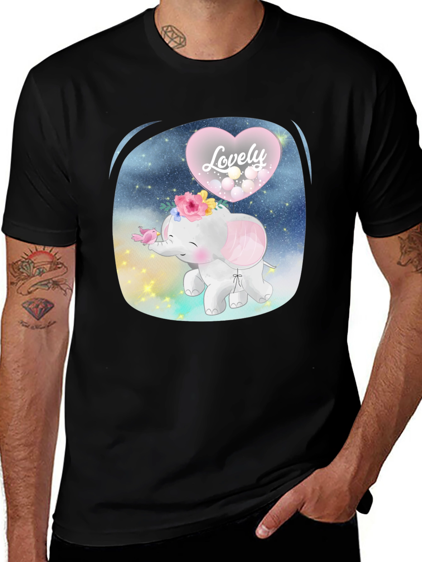 Variant 6 of Cute Elephant Lovely Heart Graphic Black T-Shirt
