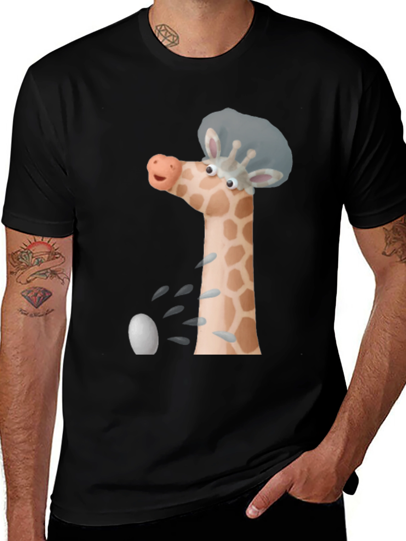 Variant 14 of Funny Giraffe in Shower Cap Black T-Shirt