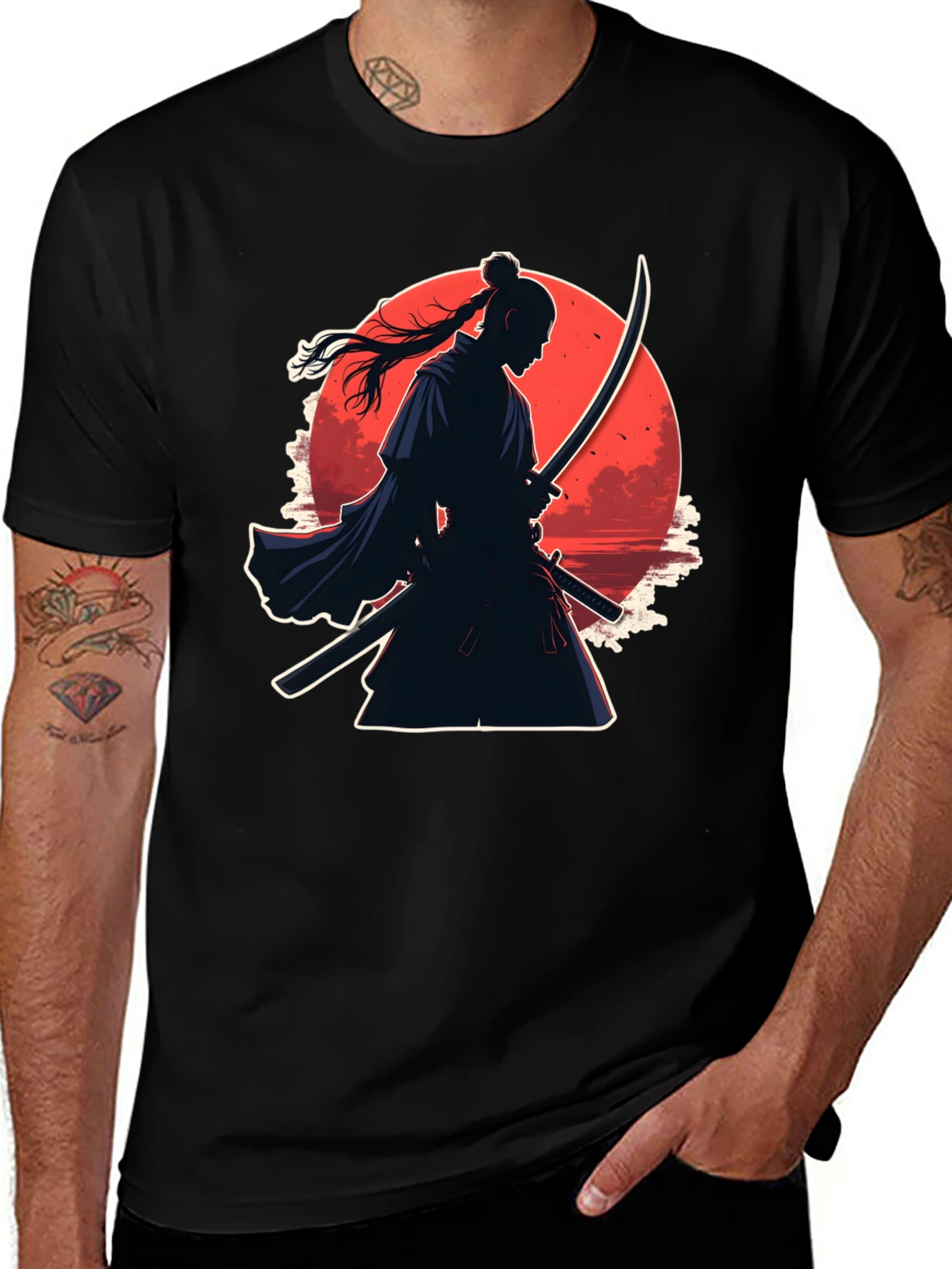 Variant 15 of Samurai Moon Graphic Tee - Black Cotton Blend