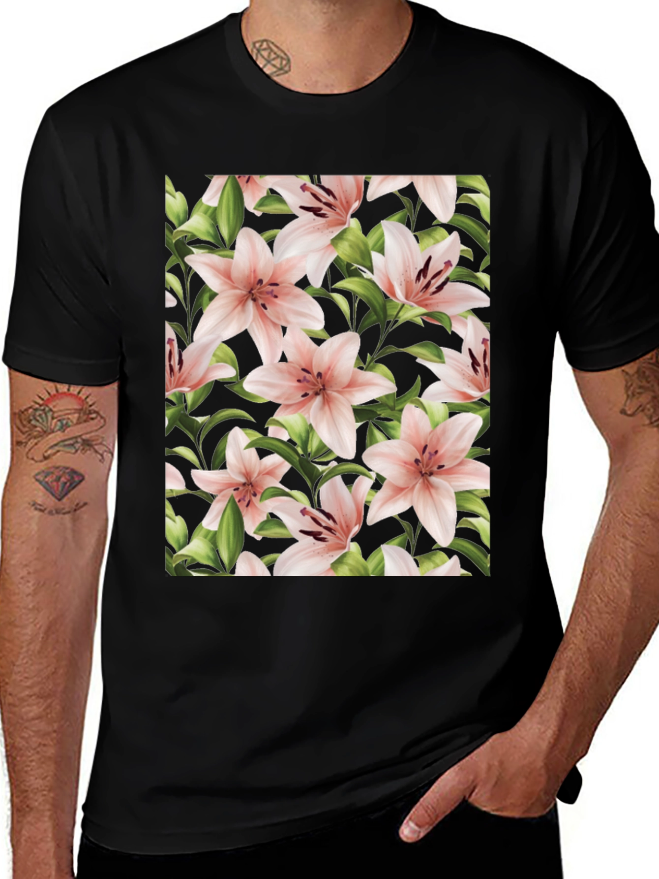 Floral Print T-Shirt - Pink Lily Black Tee