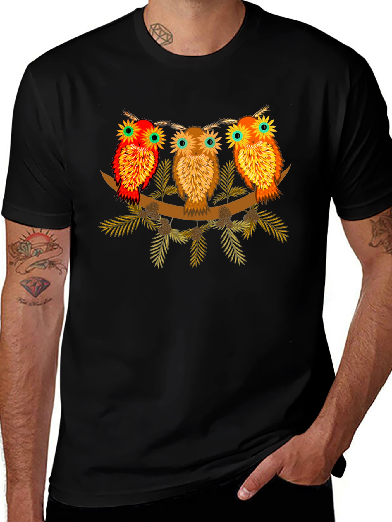Variant 21 of Owl Trio Graphic Tee - Black Cotton Shirt