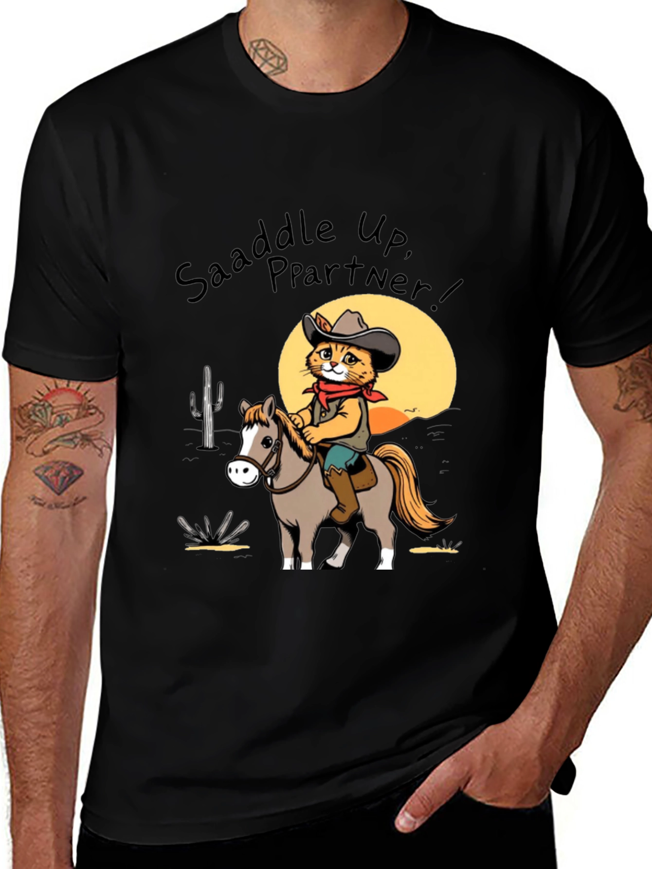Variant 7 of Saddle Up Partner T-Shirt - Cowboy Cat Design