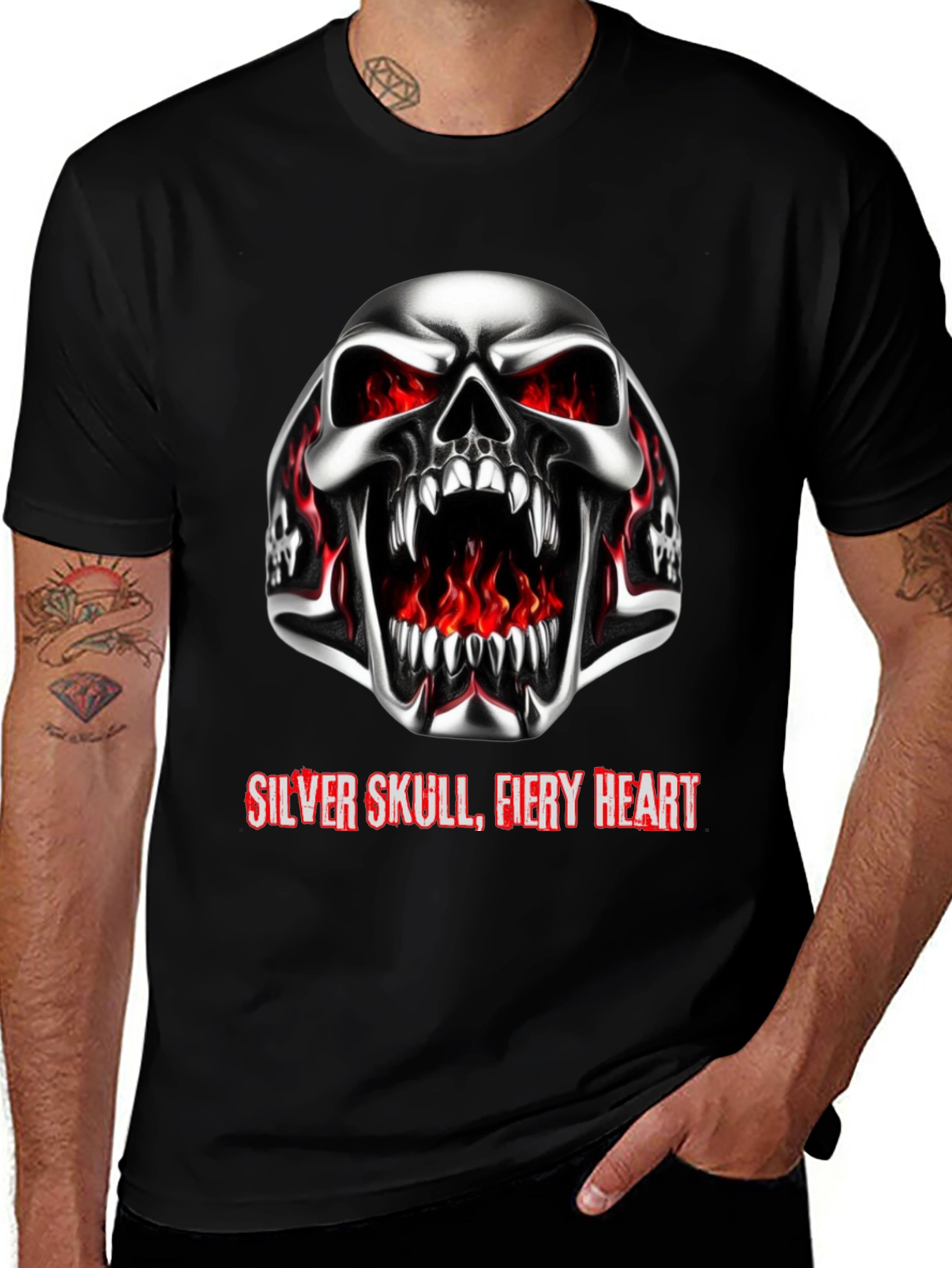 Variant 5 of Silver Skull Fiery Heart Graphic Tee