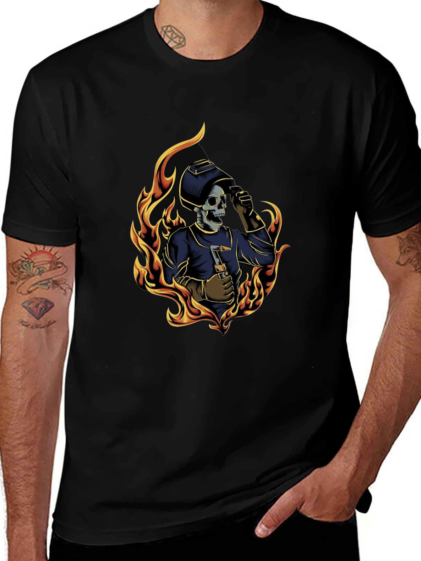 Flaming Welder Skeleton Graphic T-Shirt