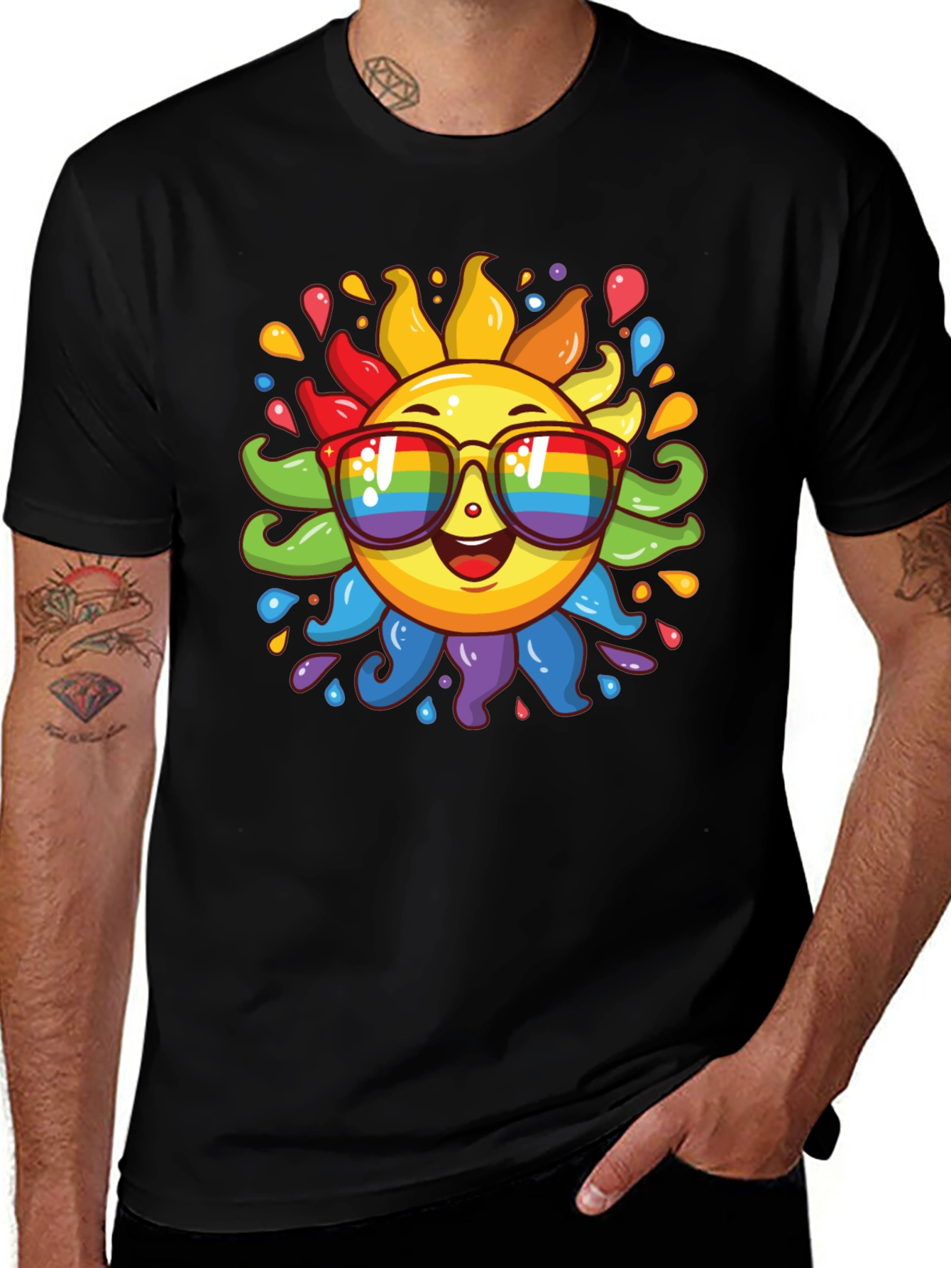 Black Rainbow Sun Graphic Tee - Pride Style Shirt main image