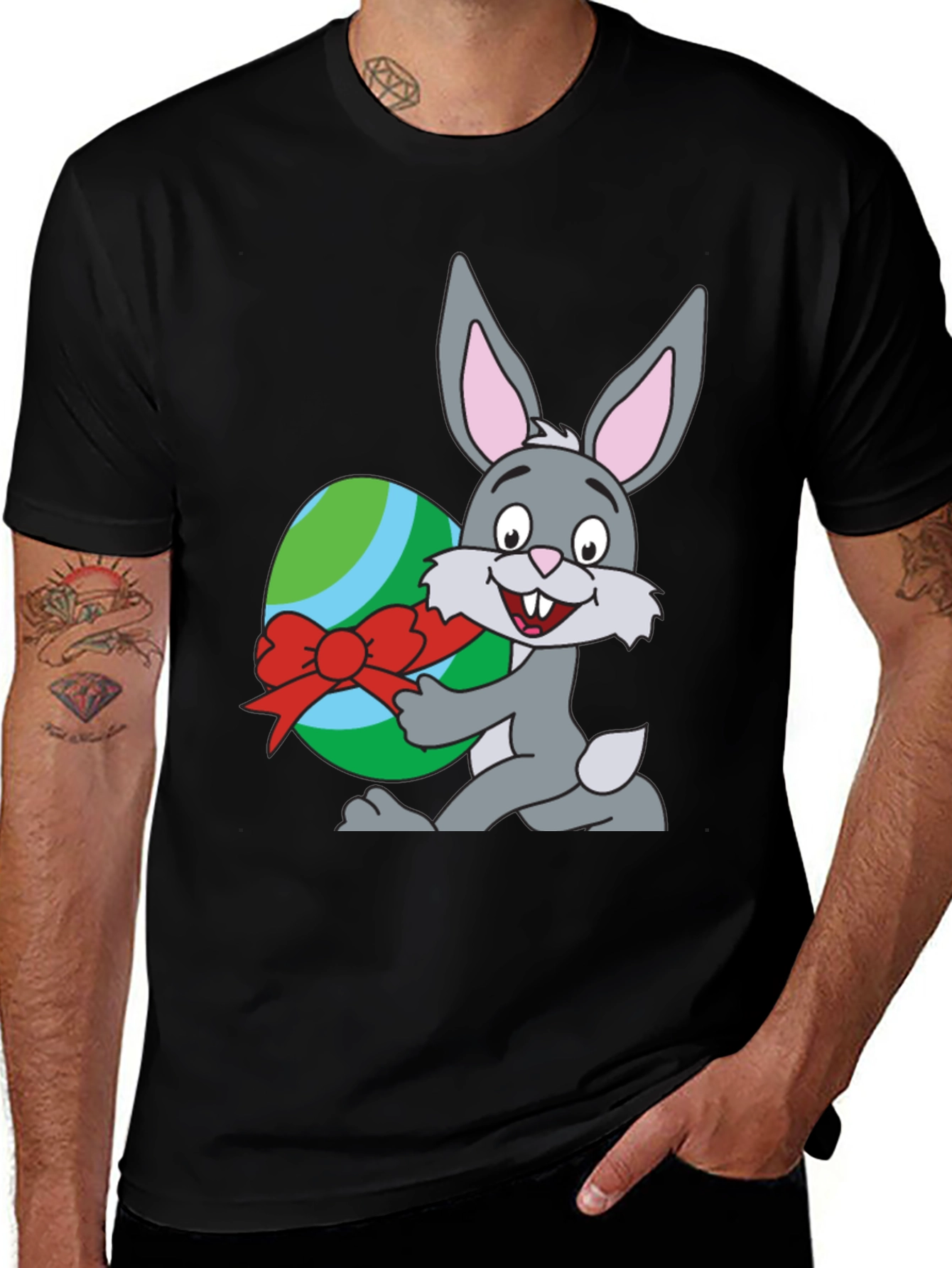 Easter Bunny Egg Graphic Tee - Novelty Black T-Shirt