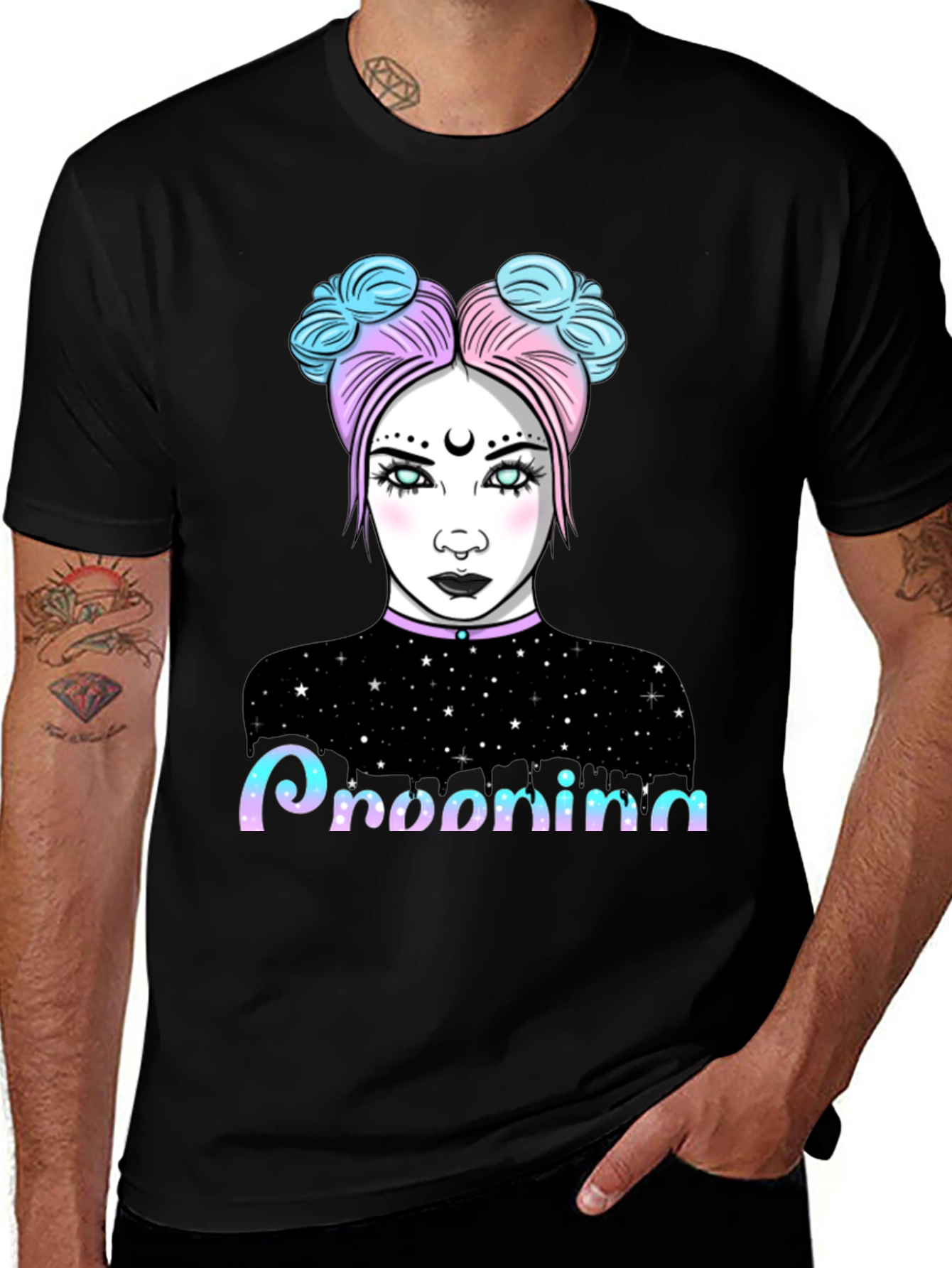 Variant 6 of Pastel Goth Girl Graphic Tee - Midnight Starry Design