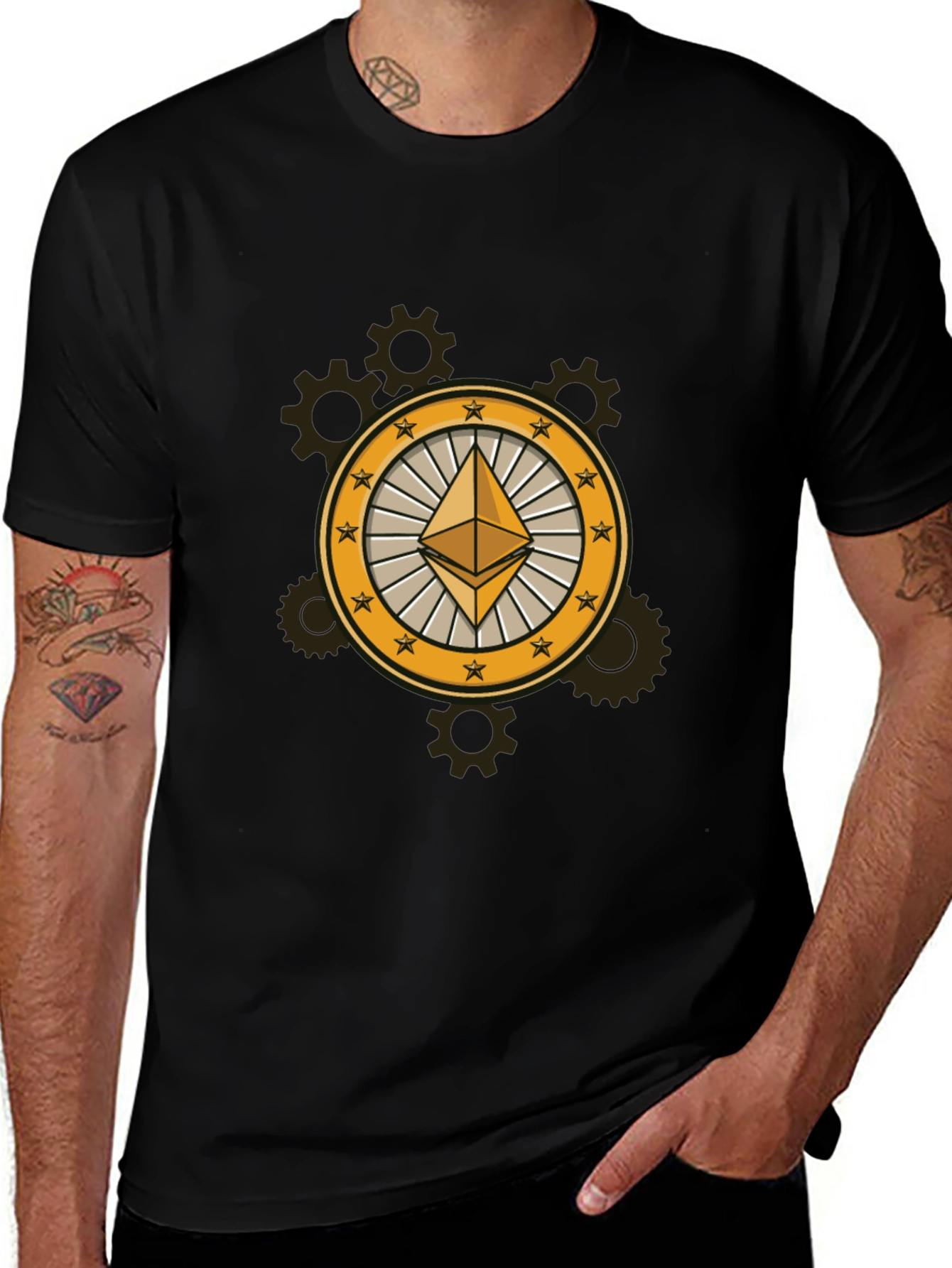 Ethereum Crypto Black T-Shirt with Gear Design