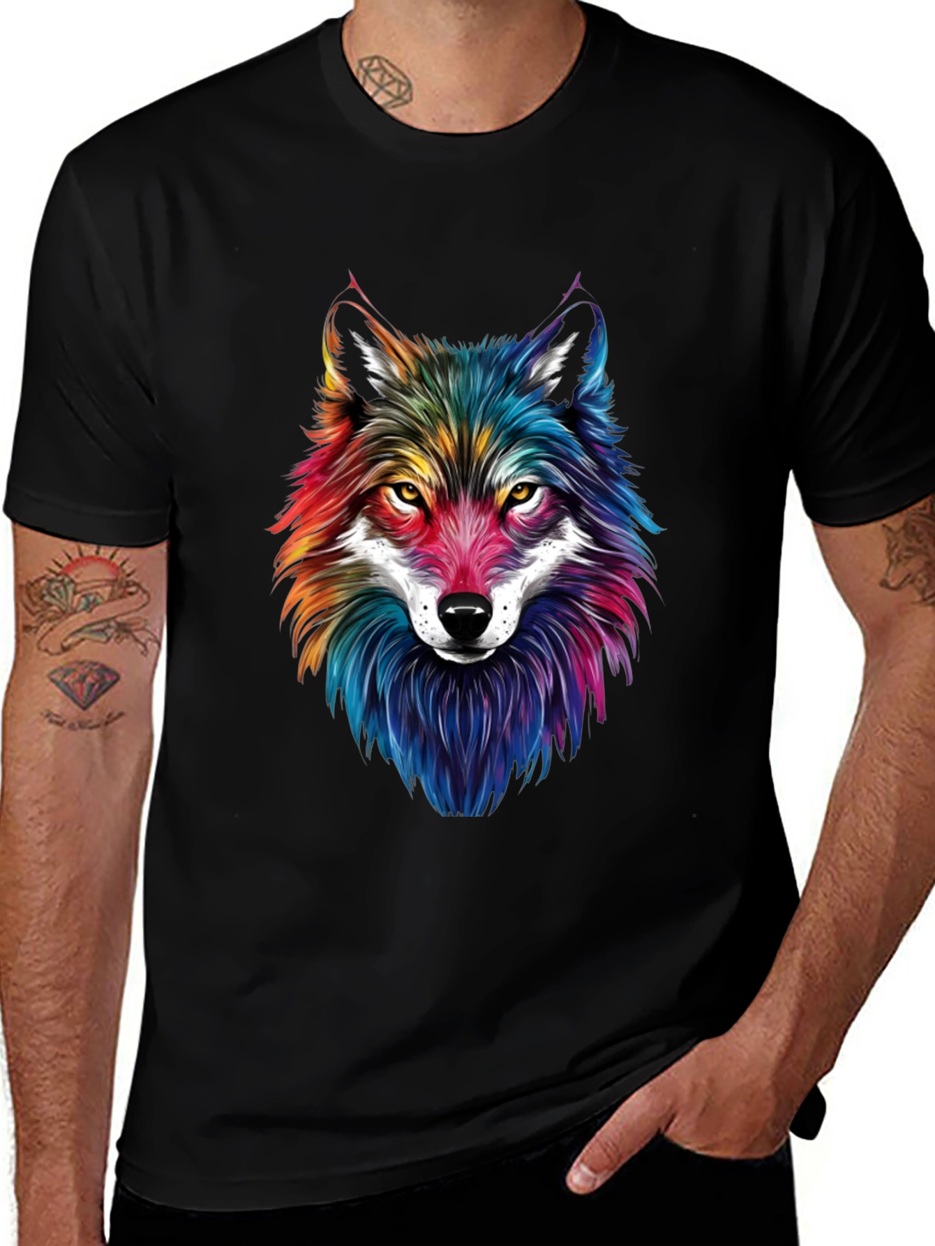 Variant 8 of Rainbow Wolf Graphic Black T-Shirt - Men's Fashion