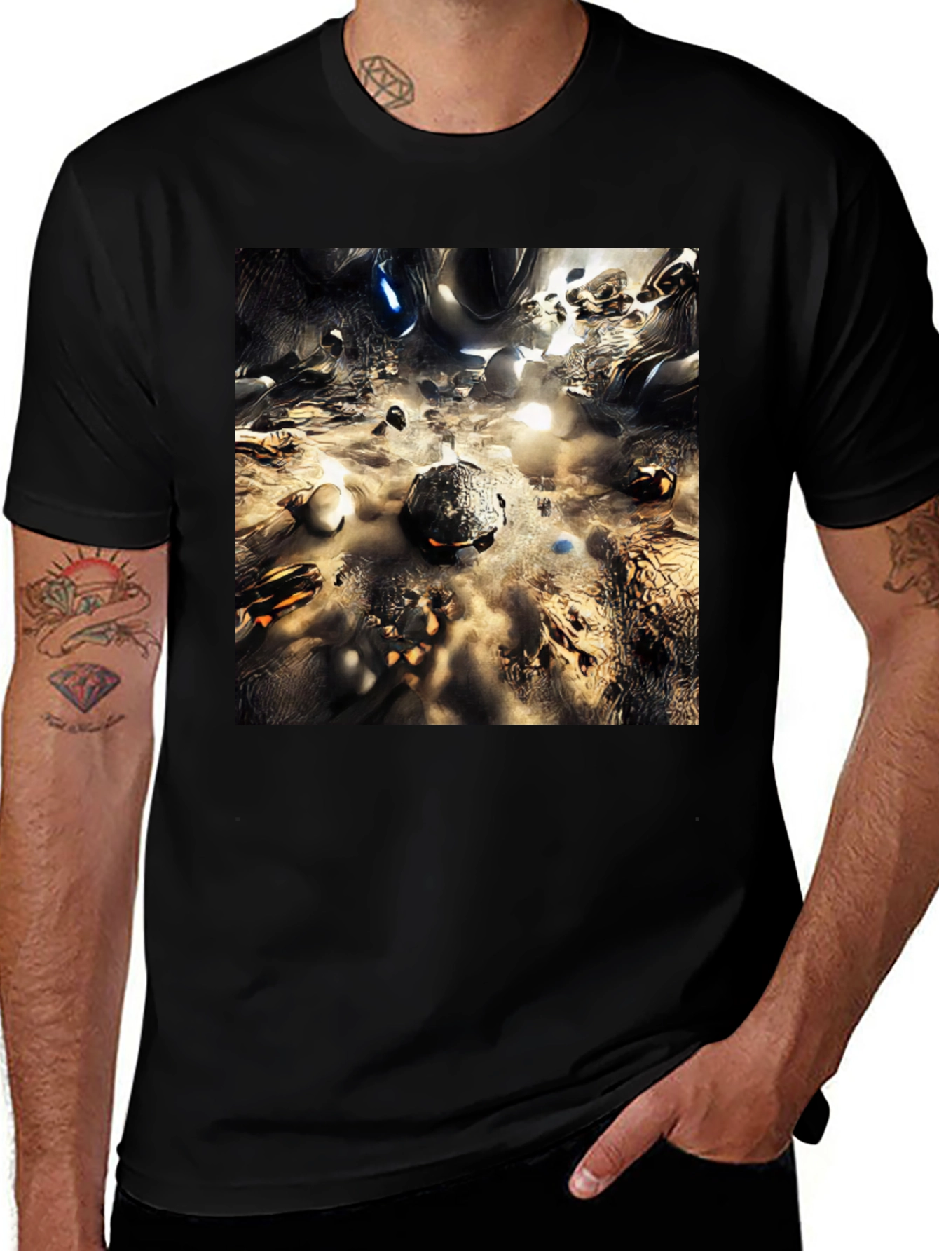 Variant 27 of Abstract Metallic Planetscape Black T-Shirt