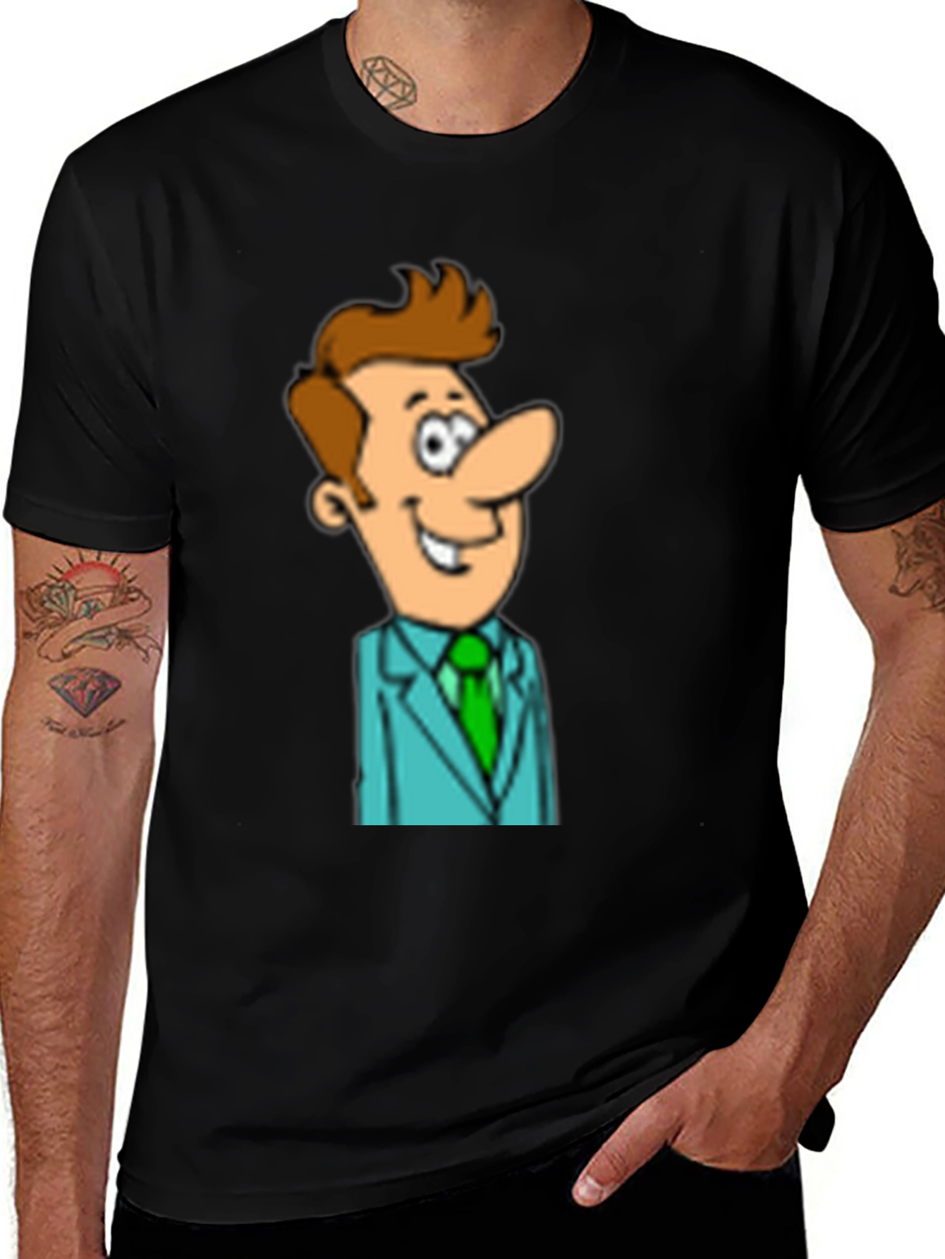 Variant 17 of Cartoon Man in Suit Graphic Black T-Shirt