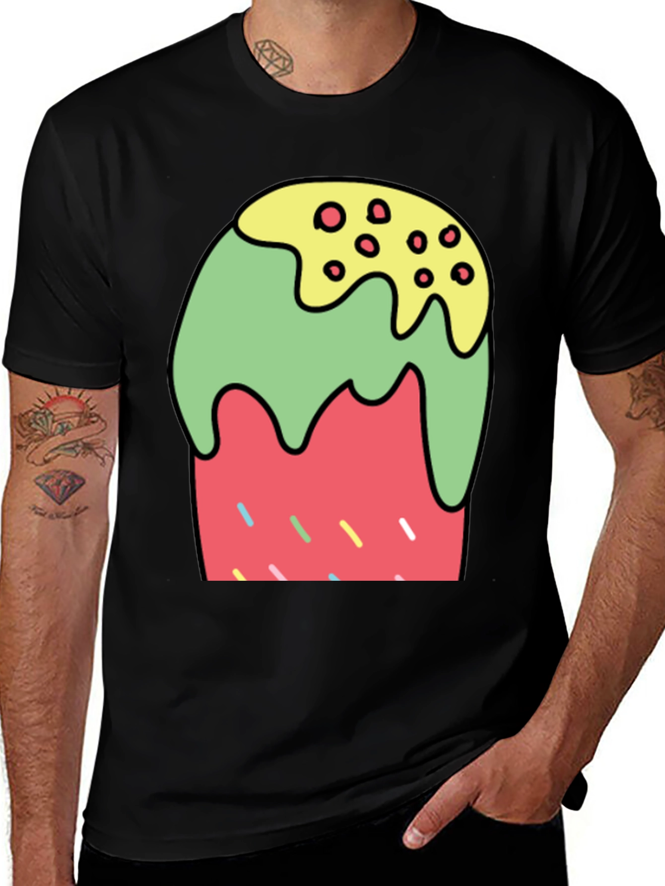 Variant 17 of Cartoon Dessert Graphic Tee - Black Cotton Blend