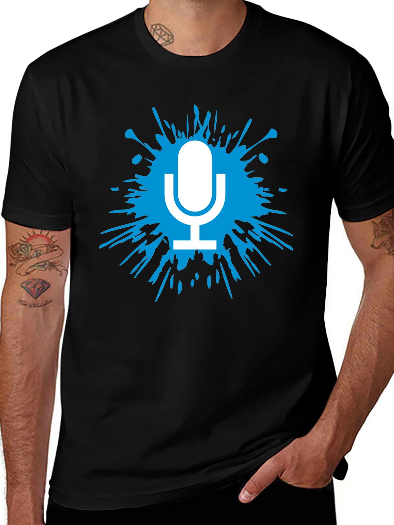 Variant 24 of Men's Black T-Shirt with Microphone Splash Graphic