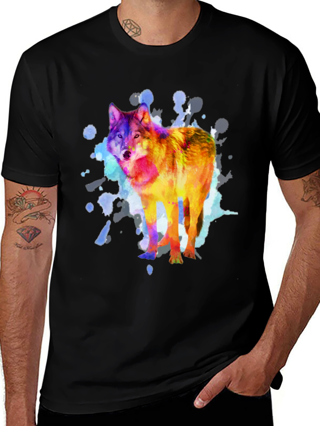 Variant 18 of Watercolor Wolf Print Black T-Shirt