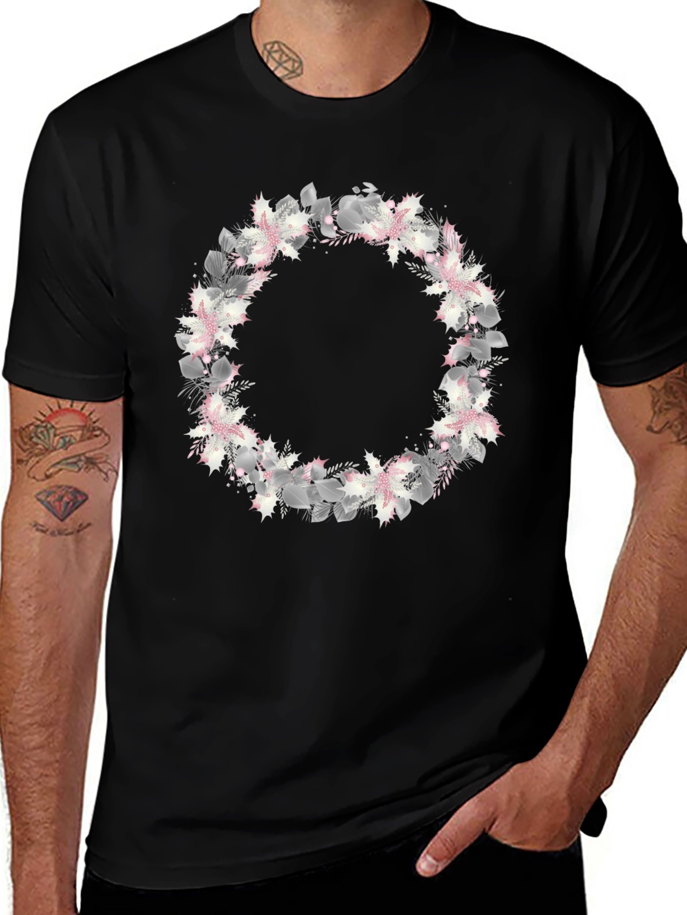 Floral Wreath Graphic Black T-Shirt