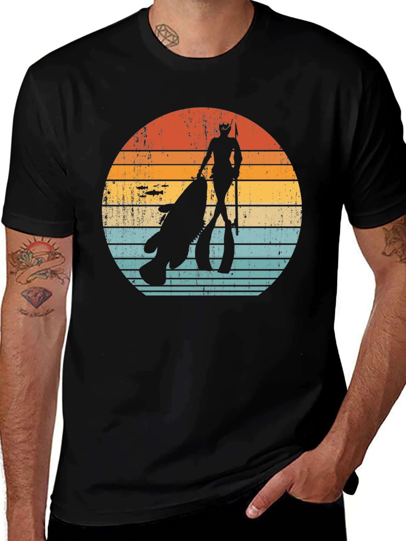 Variant 3 of Spearfishing T-Shirt - Diver and Catch Retro Sunset