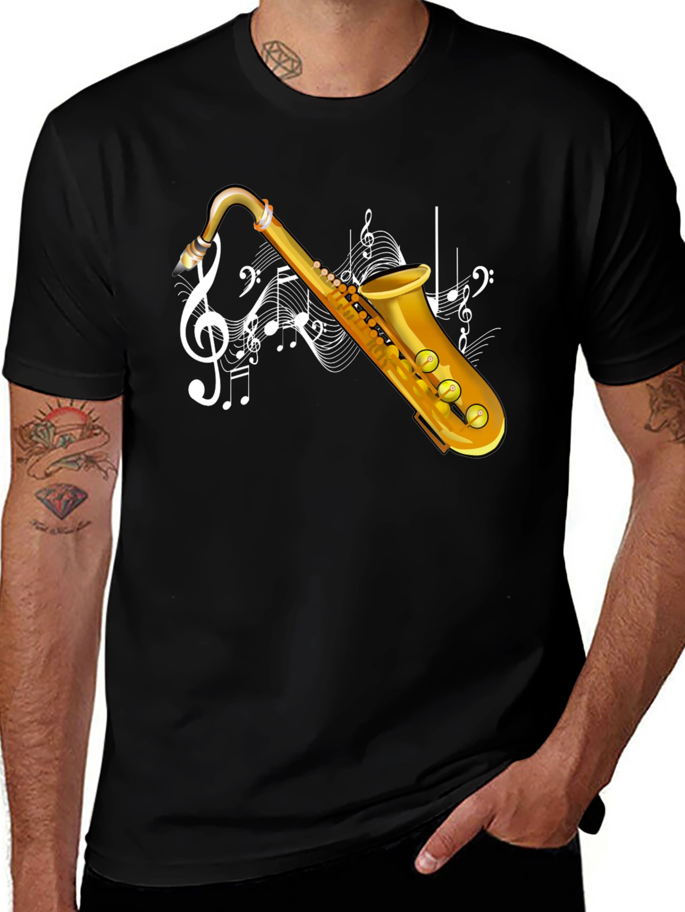 Variant 28 of Saxophone & Music Notes Graphic Black T-Shirt