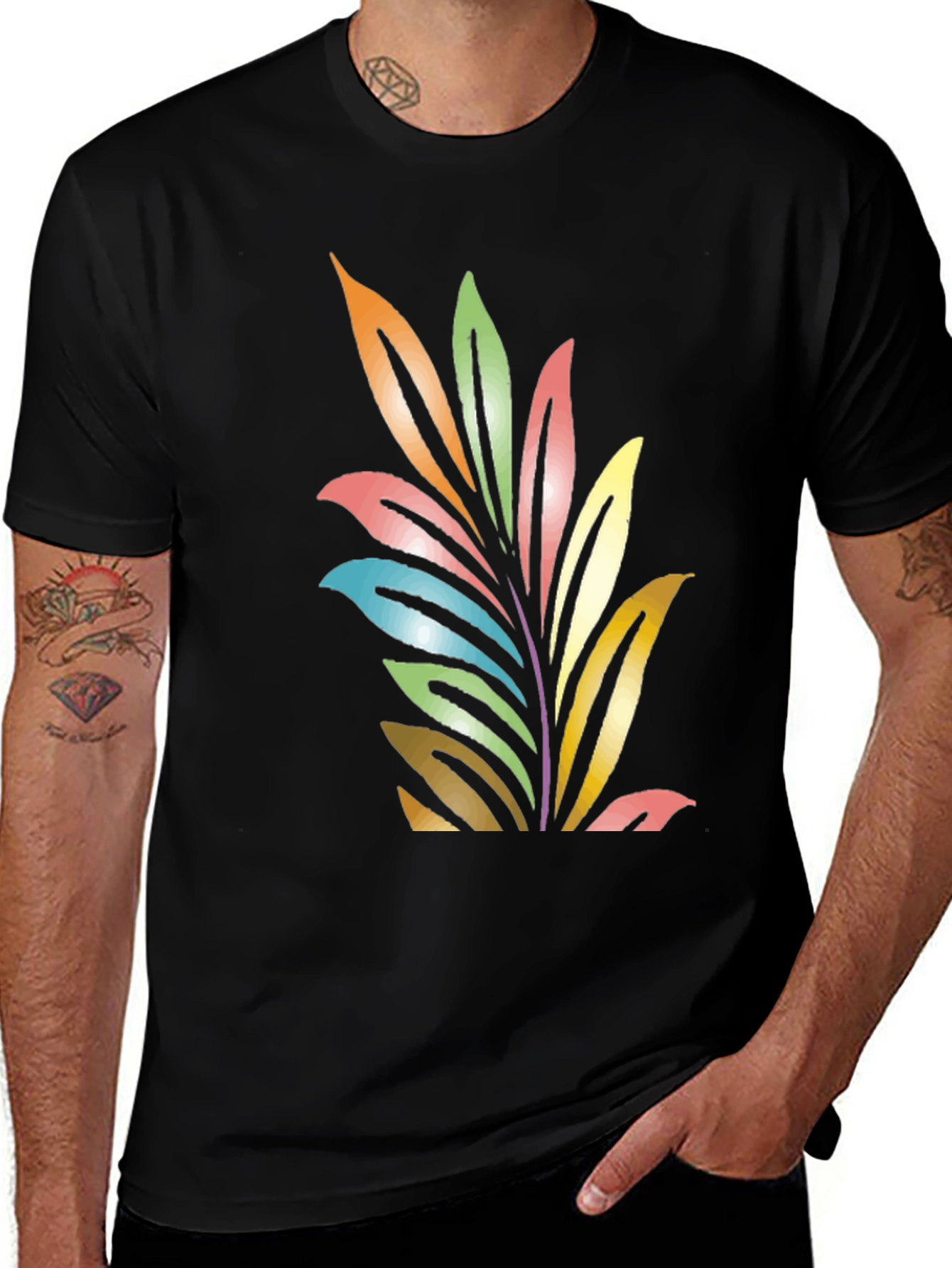 Black Colorful Leaf Graphic Black T-Shirt main image