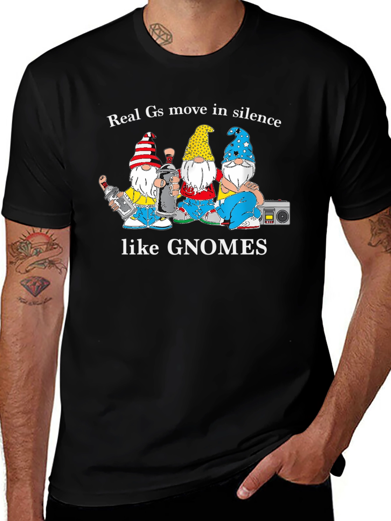 Real G's Move in Silence Like Gnomes Black T-Shirt