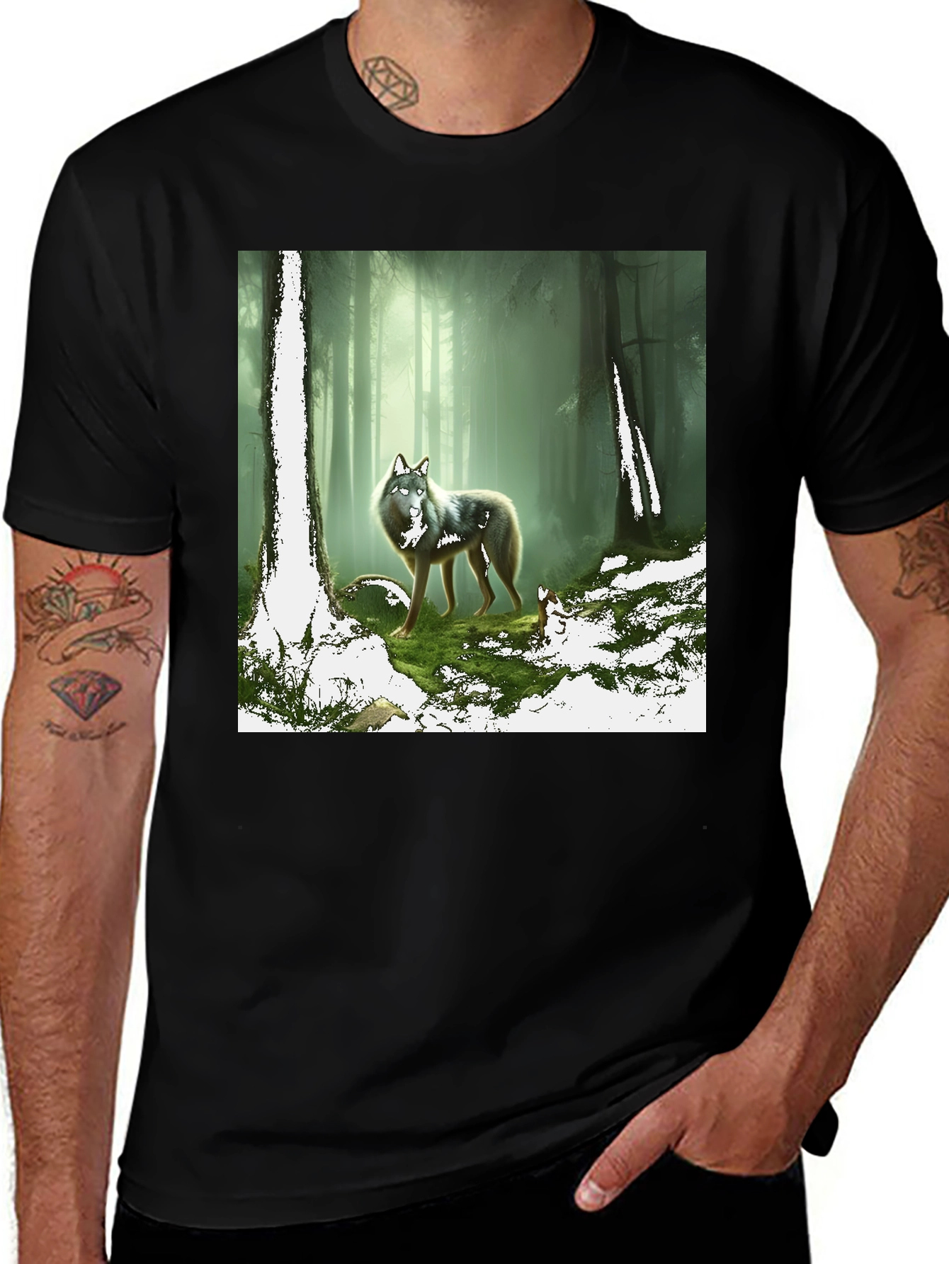 Variant 15 of Wolf in Forest Graphic Print Black T-Shirt