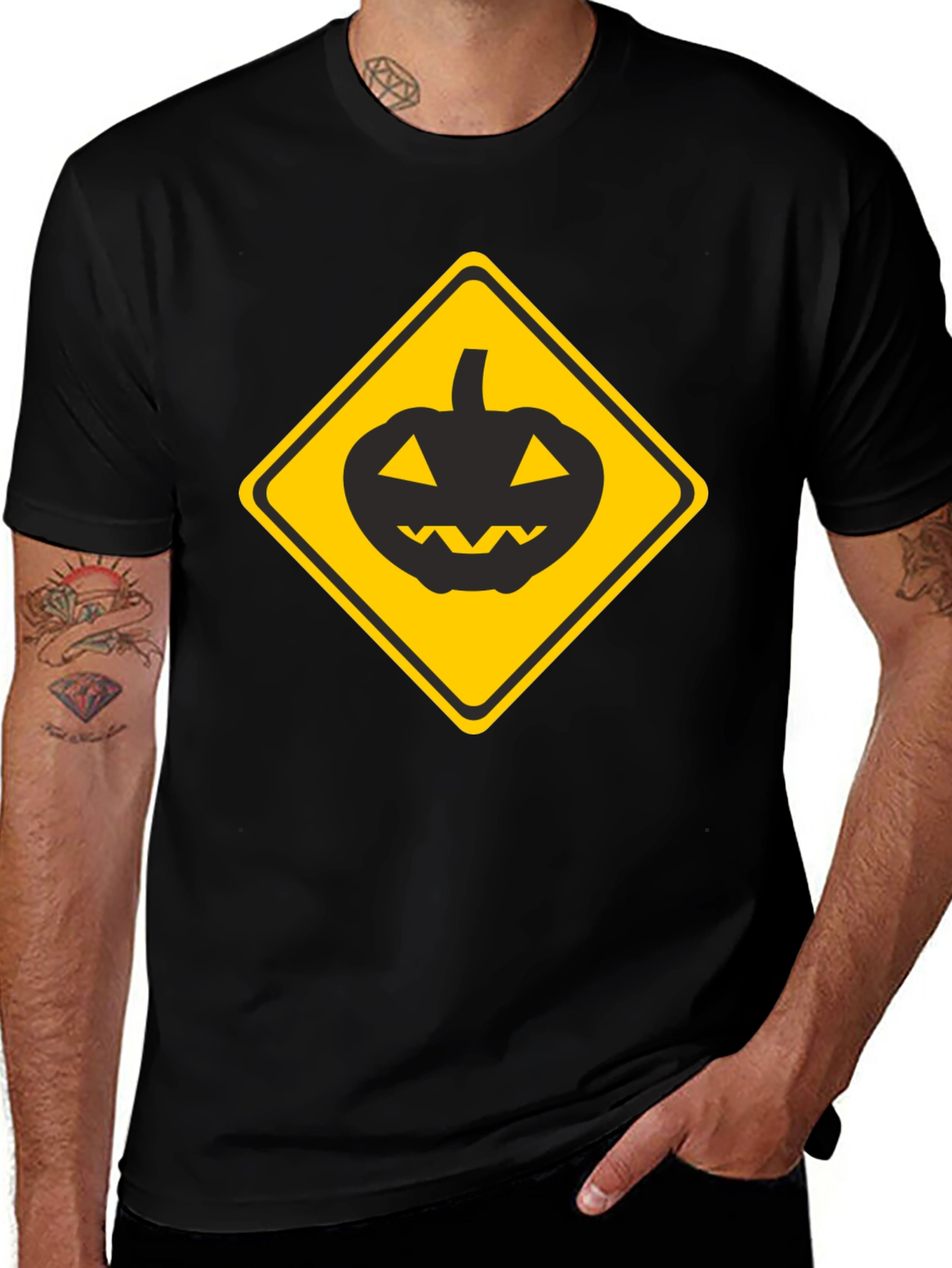 Halloween Pumpkin Caution Sign Black T-Shirt