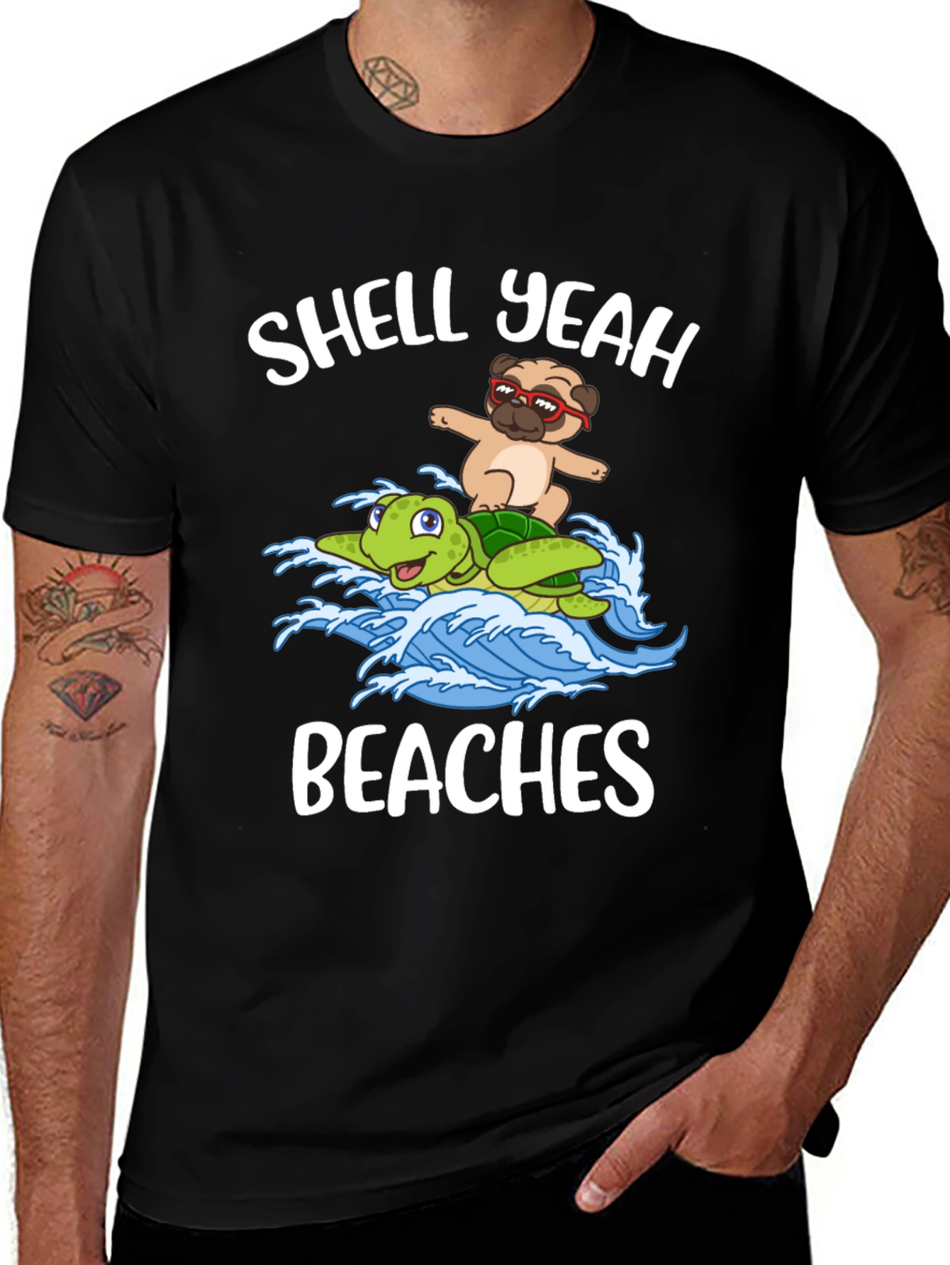 Variant 20 of Shell Yeah Beaches T-Shirt: Pug on Turtle Design
