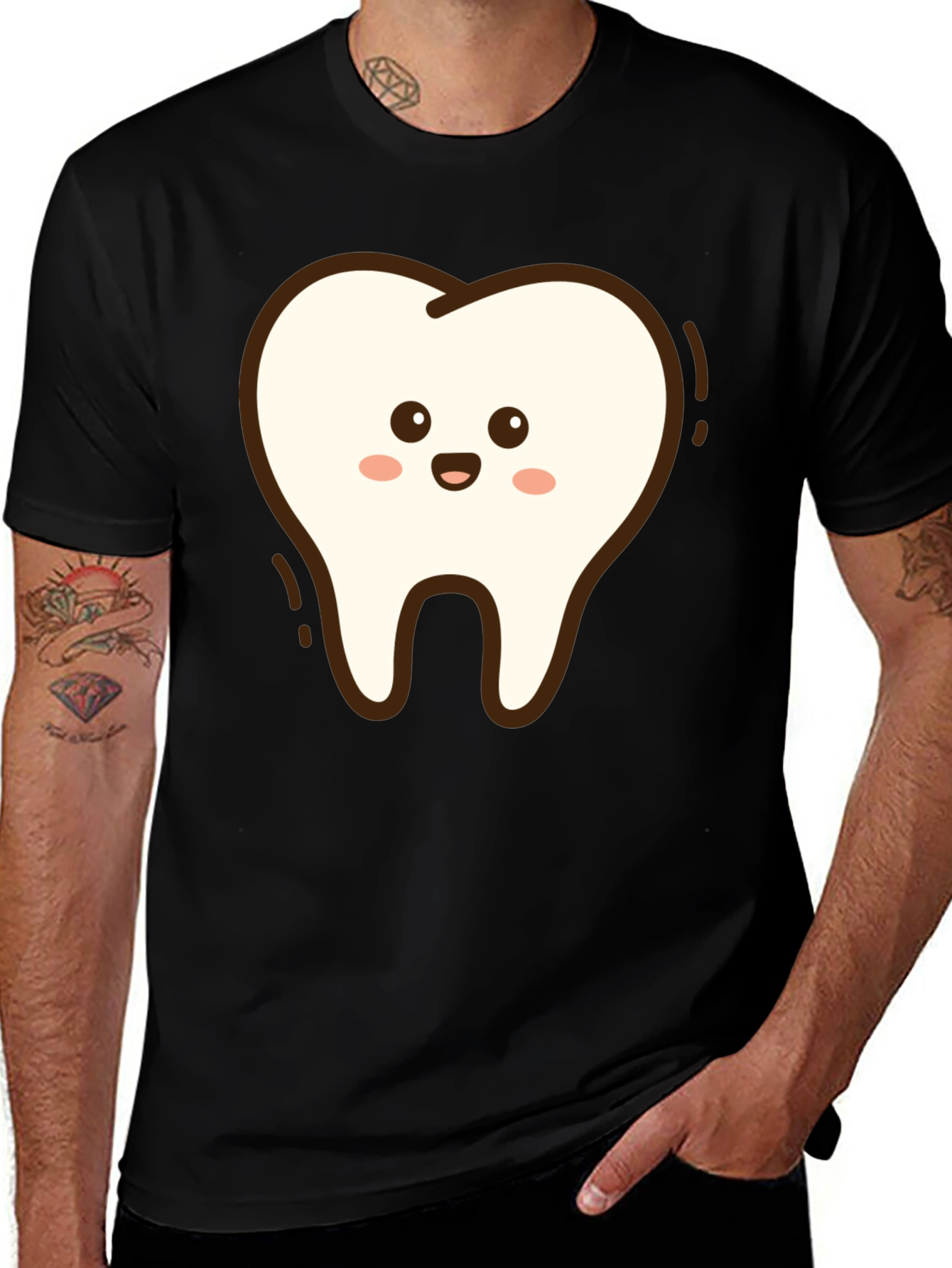 Cute Cartoon Tooth Black T-Shirt