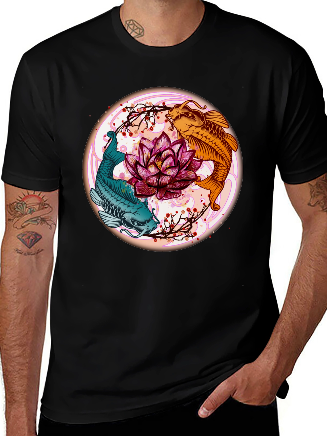 Variant 9 of Koi Fish Lotus Blossom Graphic Tee - Men's Black T-Shirt