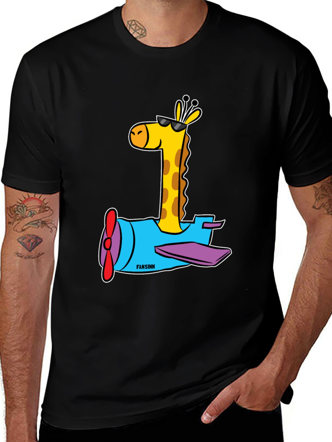 Variant 21 of Giraffe Airplane Cartoon Black Tee