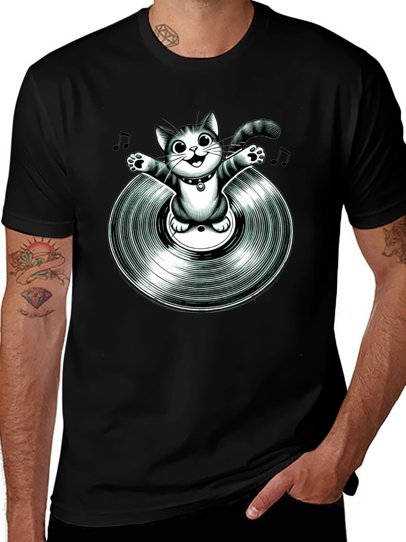 Variant 5 of Cool Cat on Vinyl Record Graphic T-Shirt