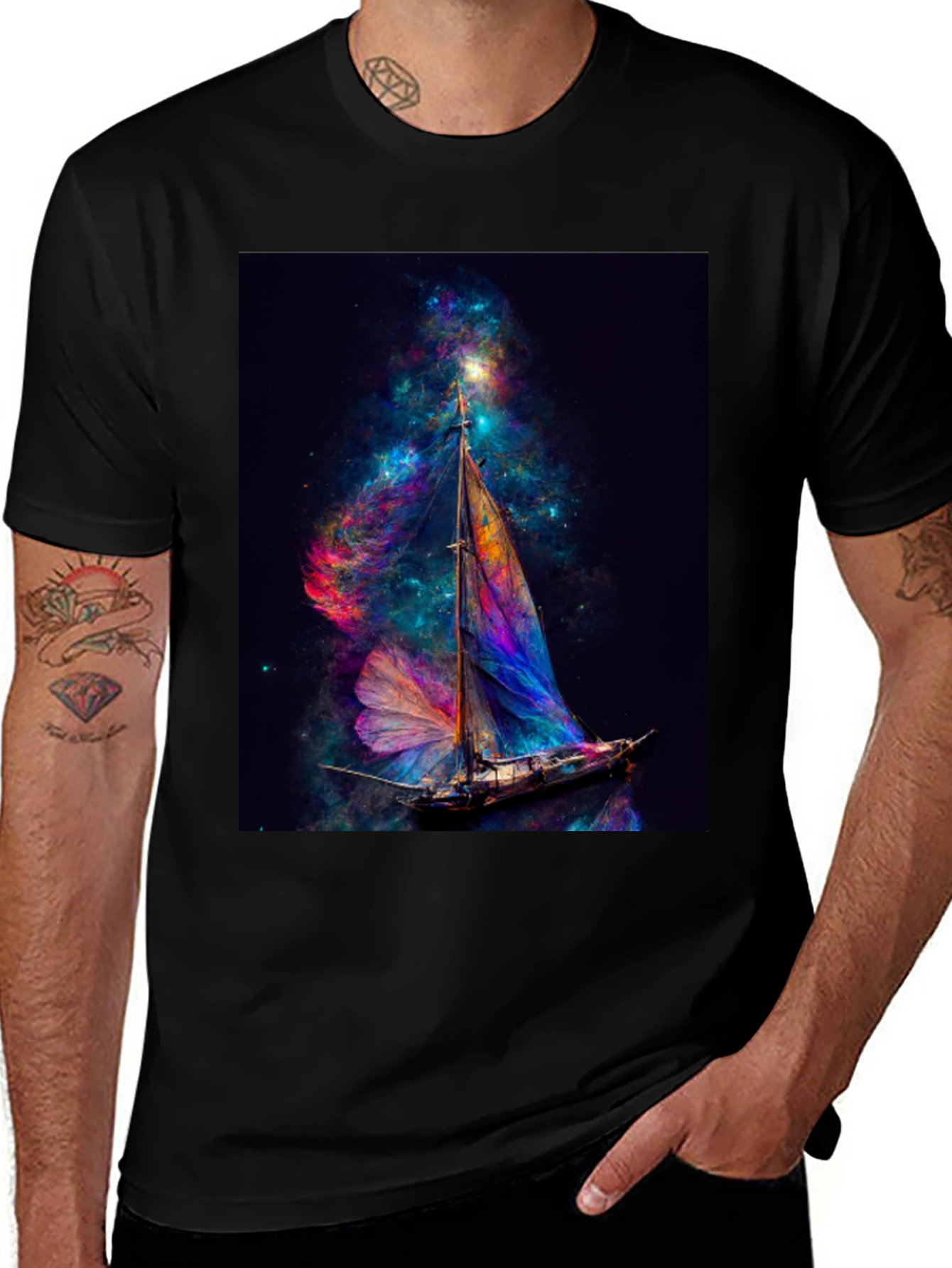 Variant 4 of Nebula Sailboat Graphic Tee - Black Cotton Blend