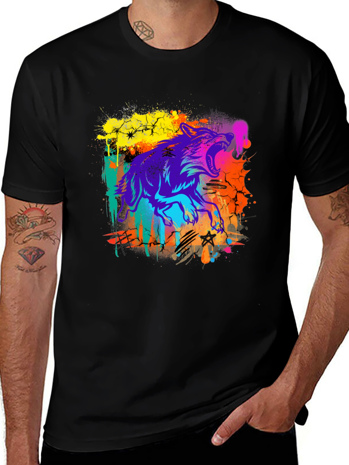 Neon Wolf Graphic Print Black T-Shirt
