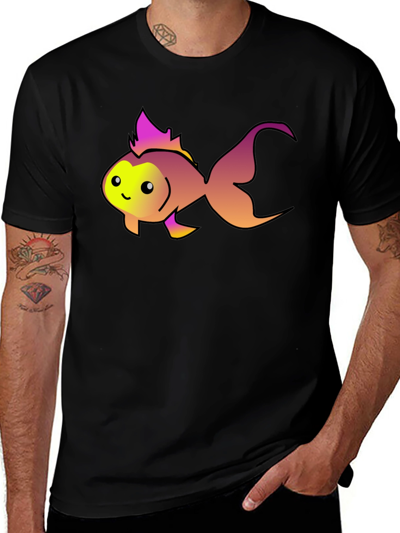 Variant 2 of Cute Fish Graphic Tee - Black Cotton T-Shirt