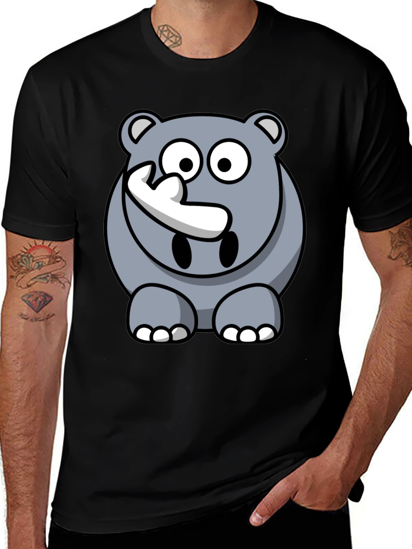 Variant 20 of Cartoon Rhino Graphic Tee - Men's Black T-Shirt