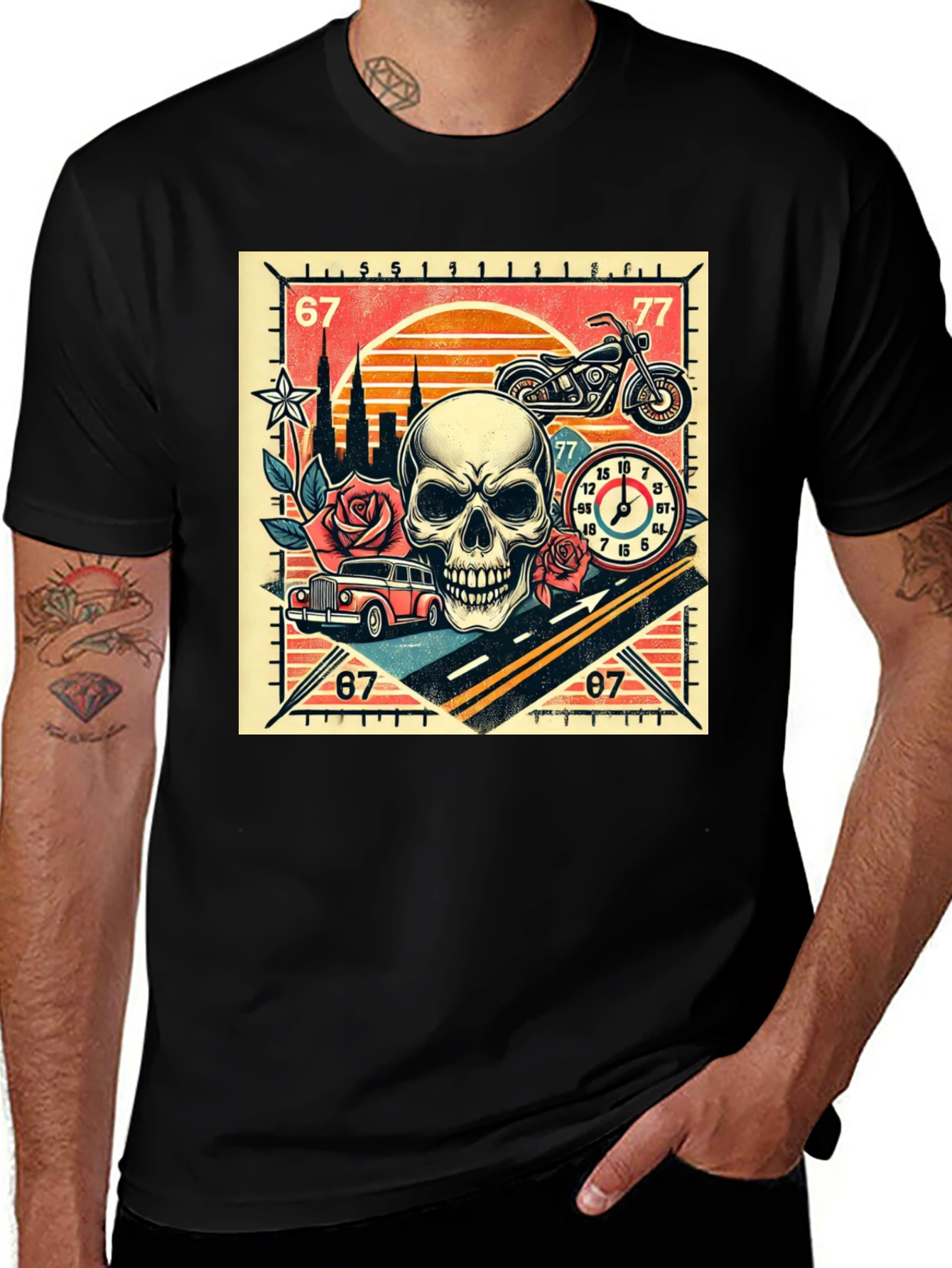 Variant 22 of Skull, Roses, and Motorcycle Graphic T-Shirt